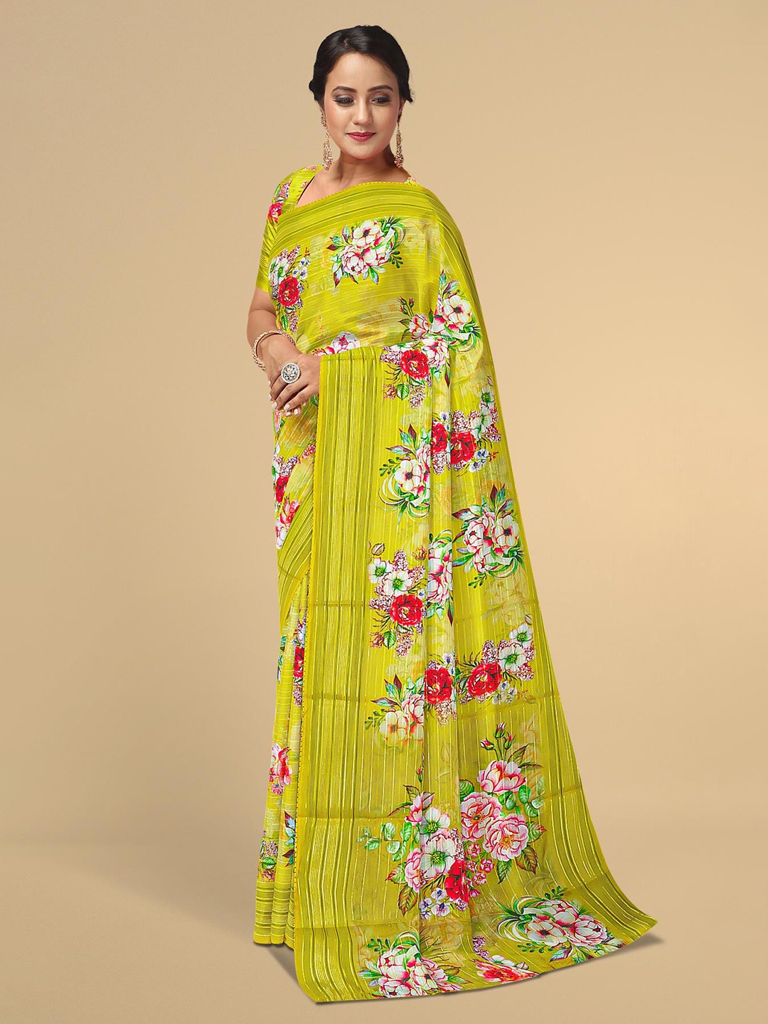 

Kalamandir Yellow & Pink Floral Silk Blend Saree