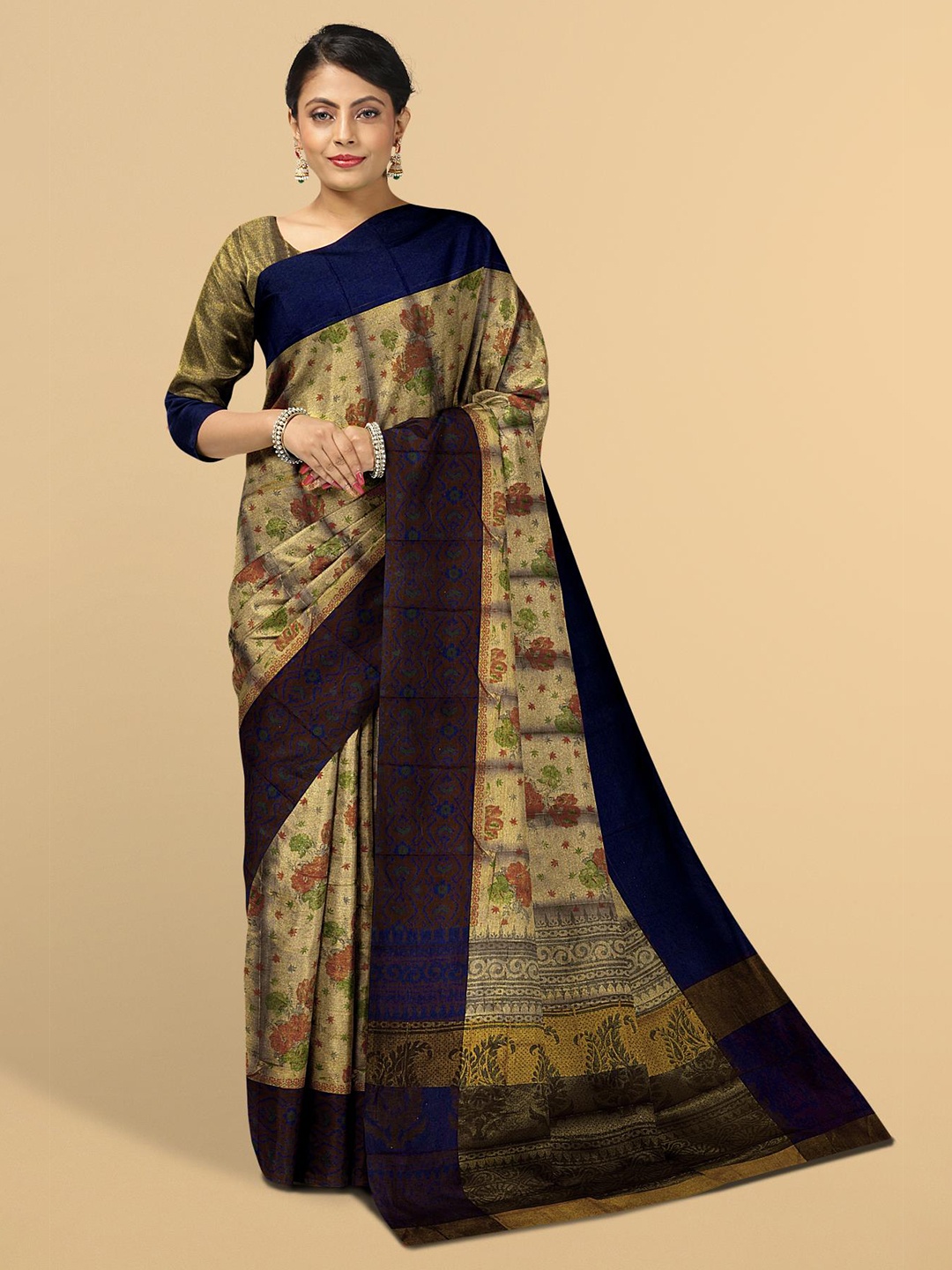 

Kalamandir Beige & Navy Blue Ethnic Motifs Tissue Saree
