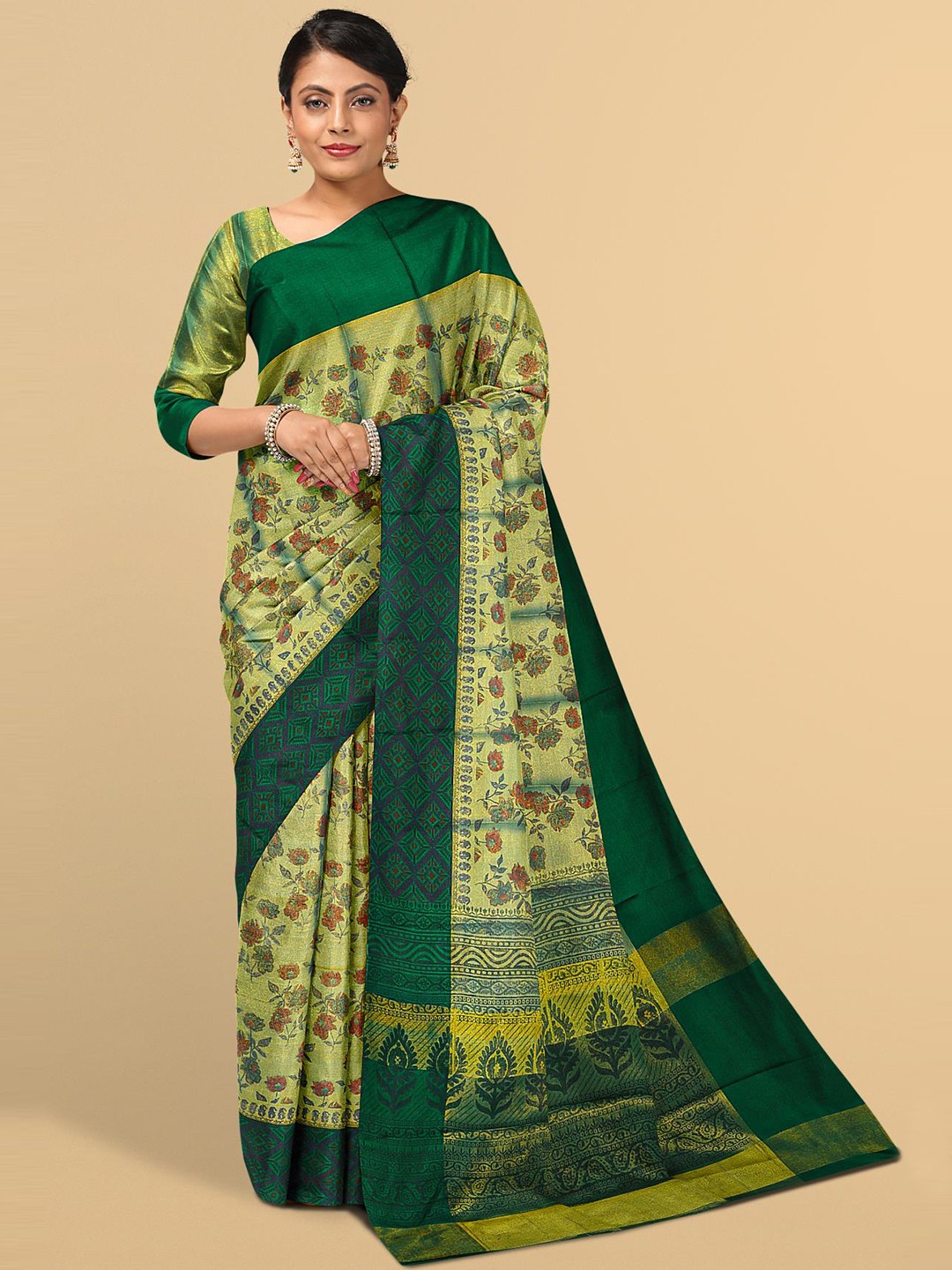 

Kalamandir Green & Yellow Floral Tissue Saree