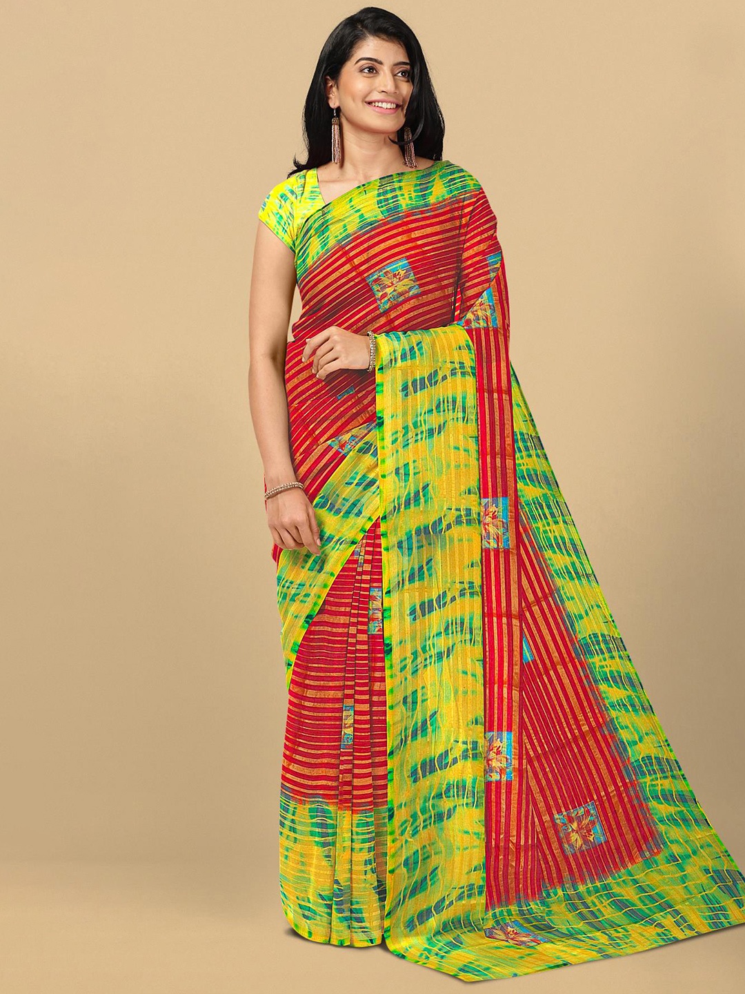 

Kalamandir Red & Yellow Striped Saree
