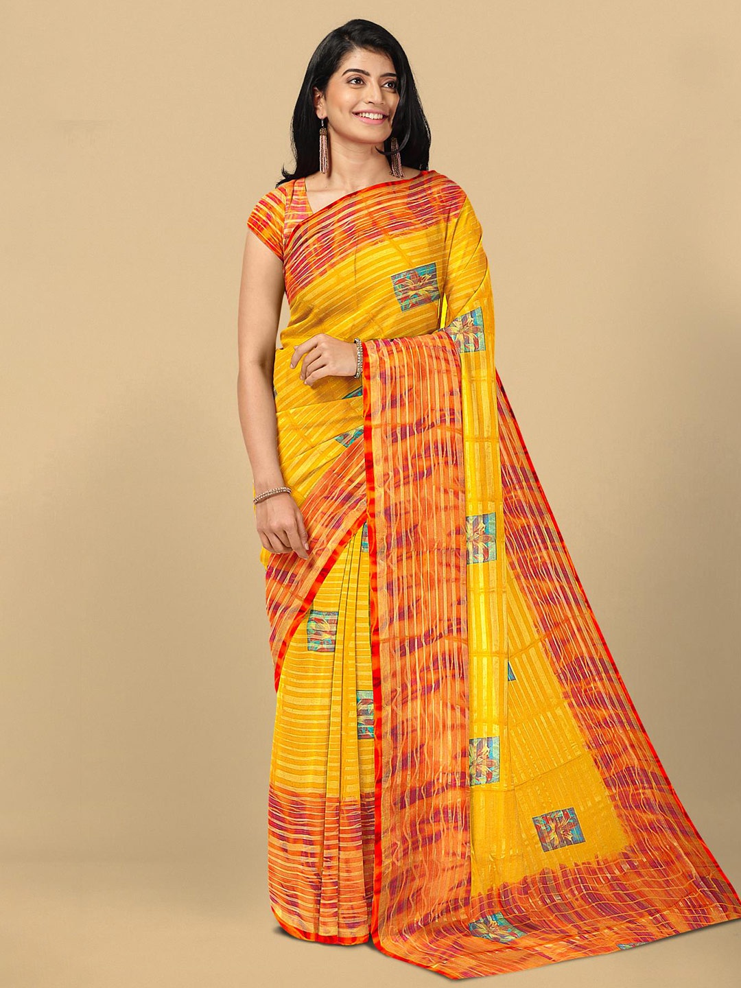 

Kalamandir Yellow & Red Printed Saree
