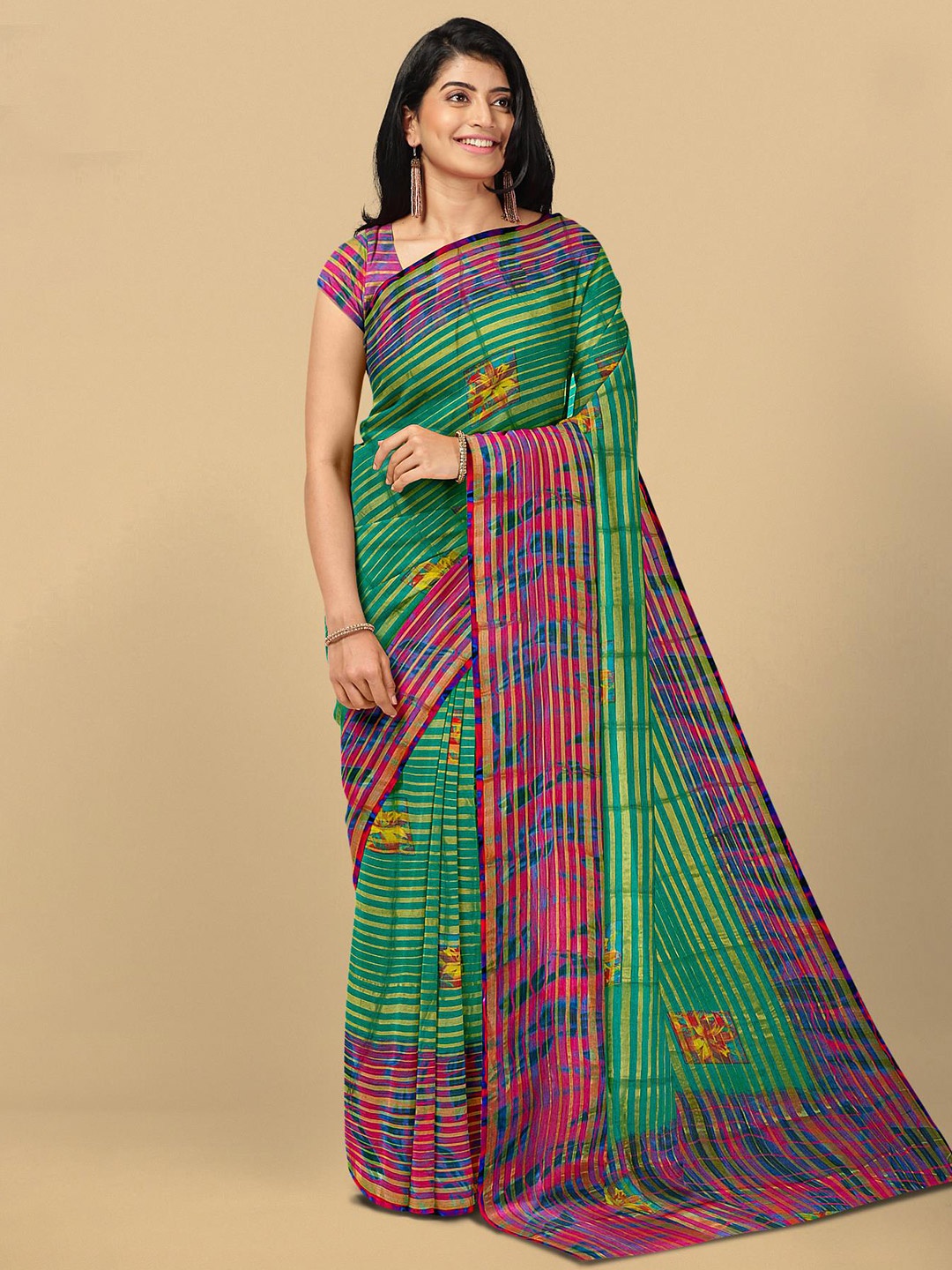 

Kalamandir Teal Green & Magenta Striped Saree