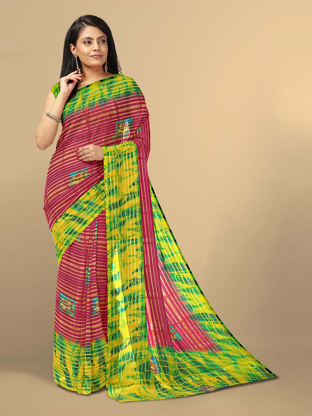 

Kalamandir Pink & Green Striped Saree
