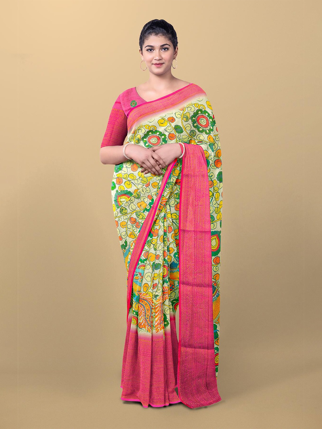 

Kalamandir Cream-Coloured & Green Kalamkari Zari Linen Blend Saree