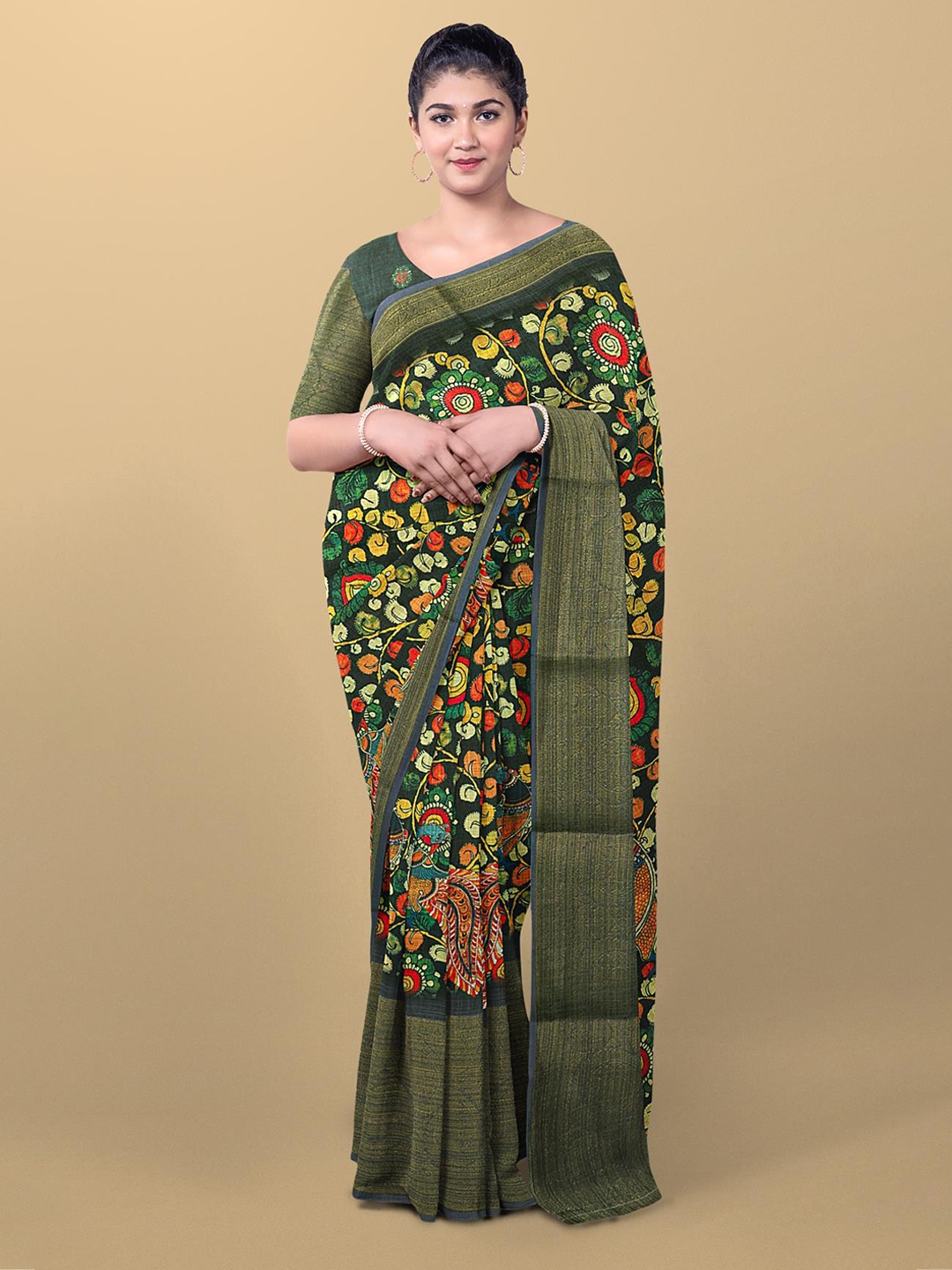 

Kalamandir Olive Green& Red Printed Linen Blend Kalamkari Saree