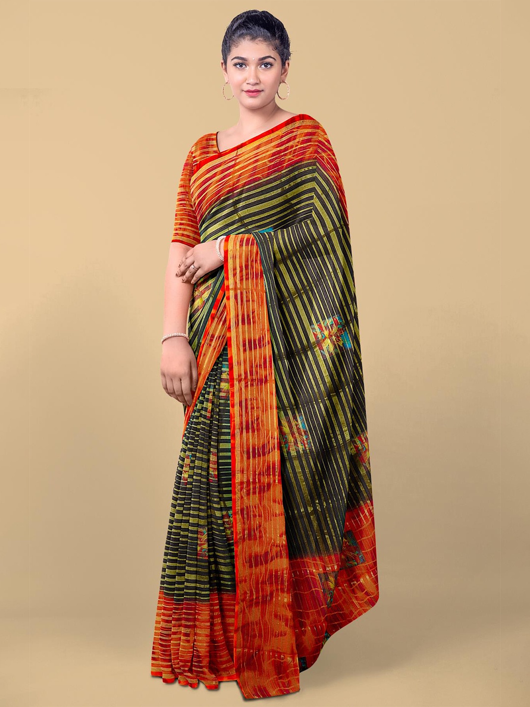 

Kalamandir Black & Green Striped Saree