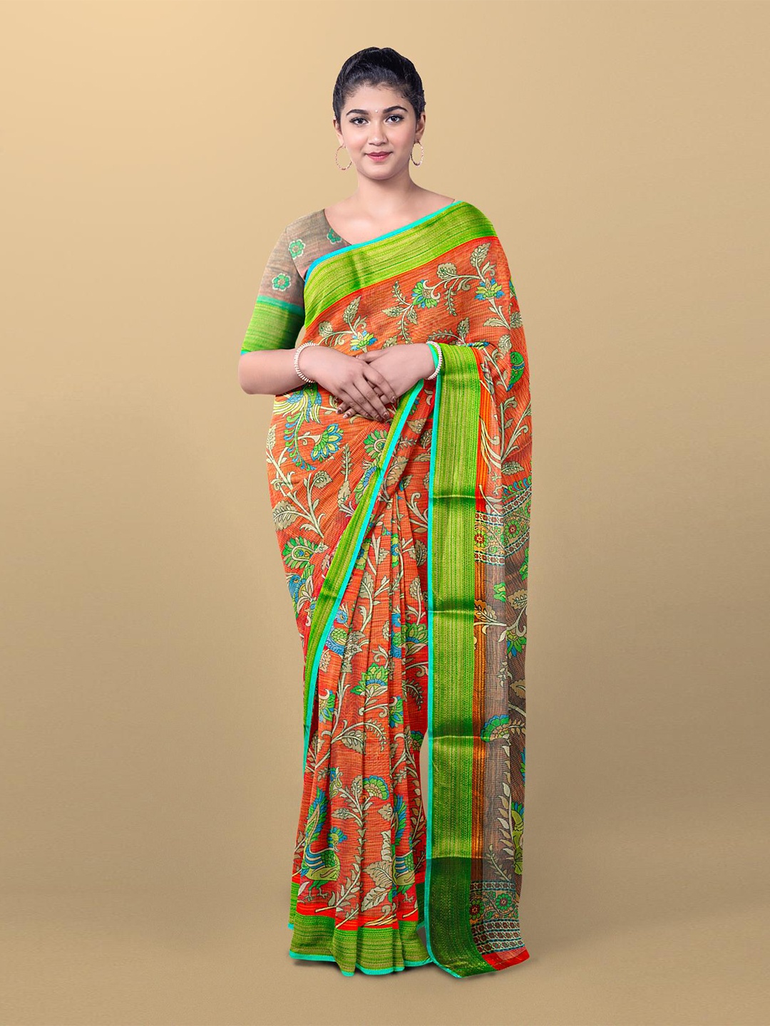 

Kalamandir Orange & Green Floral Tissue Saree