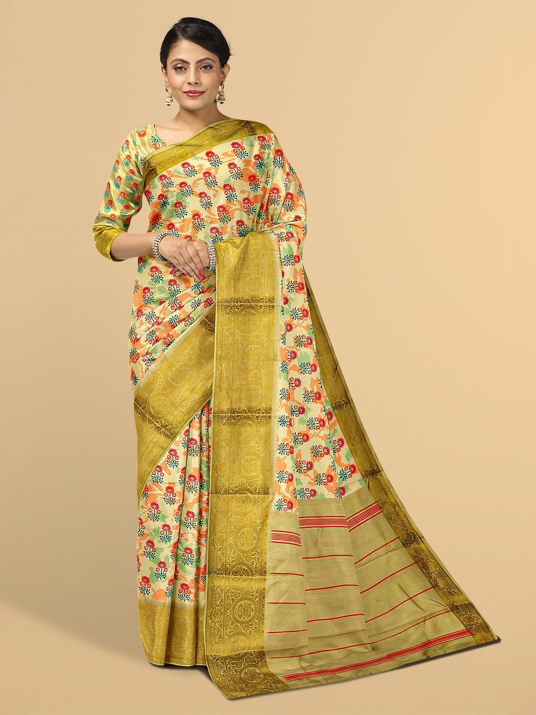

Kalamandir Orange & Green Floral Silk Blend Saree