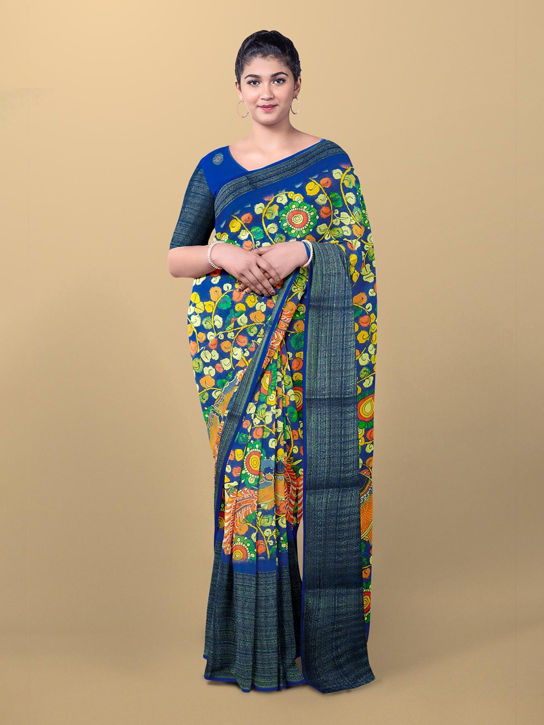 

Kalamandir Navy Blue & Green Floral Linen Blend Saree