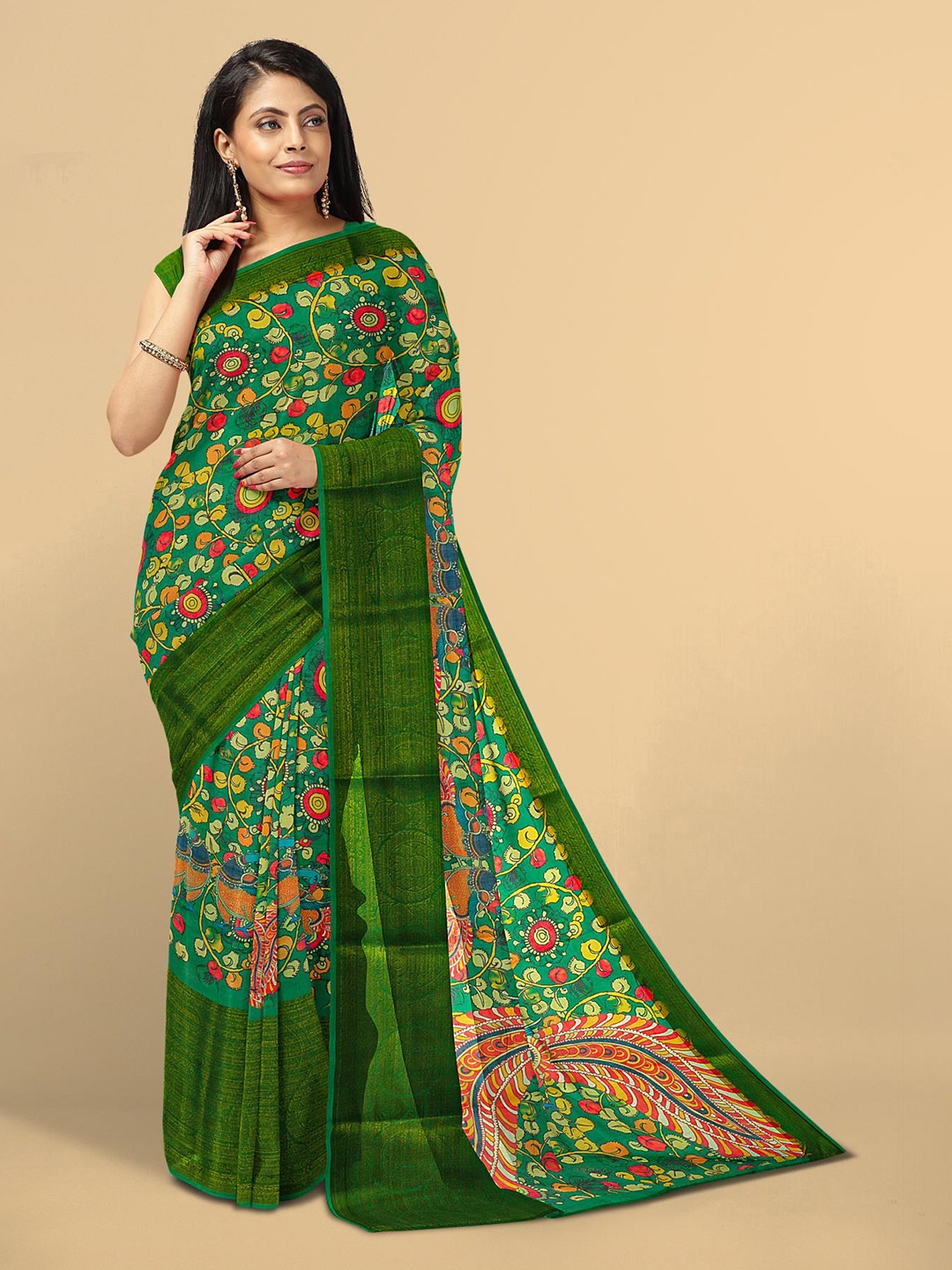 

Kalamandir Green & Red Printed Linen Blend Kalamkari Saree