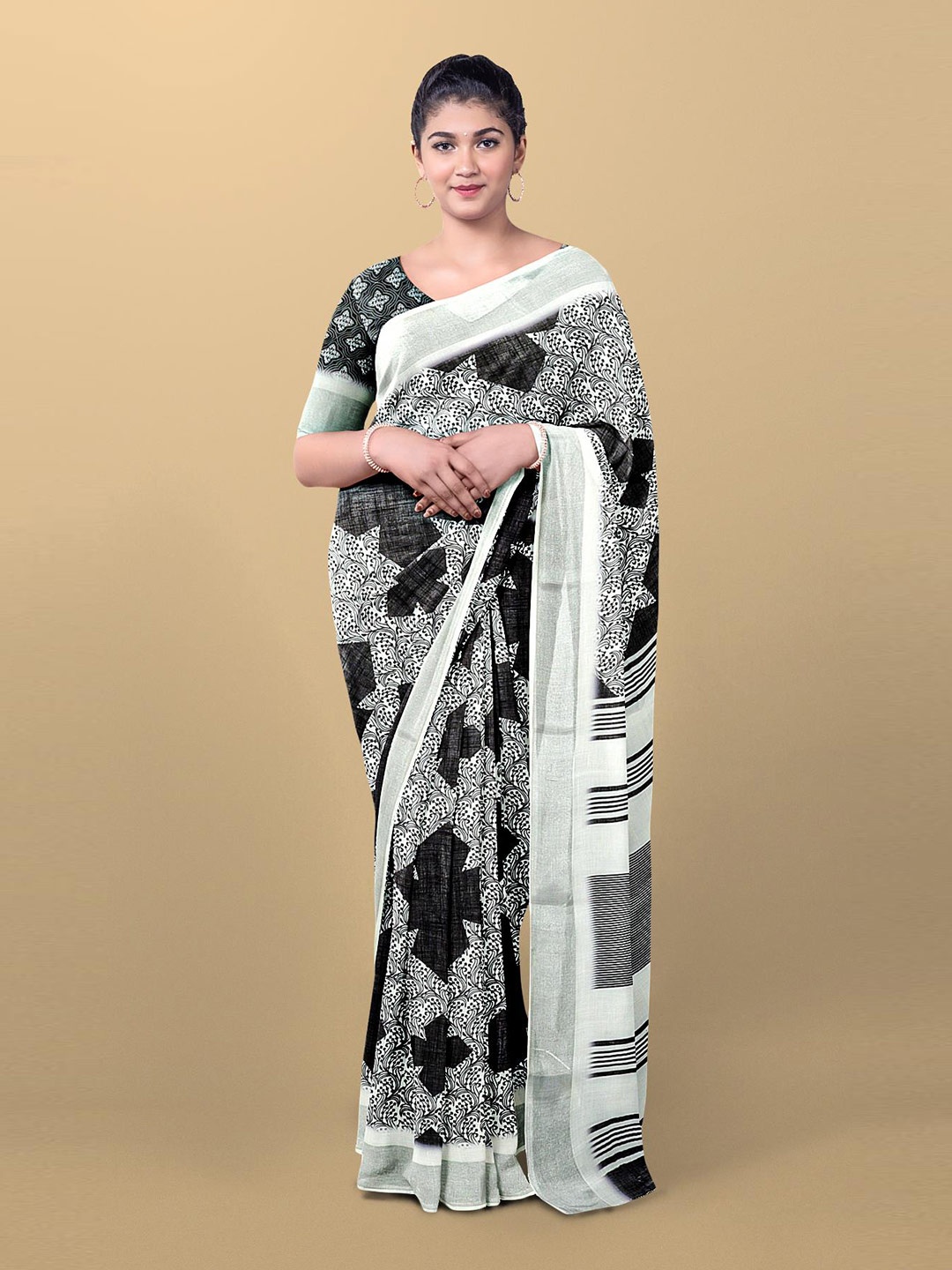 

Kalamandir White & Black Linen Blend Saree