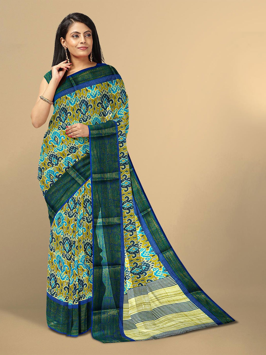 

Kalamandir Olive Green & Navy Blue Floral Linen Blend Saree