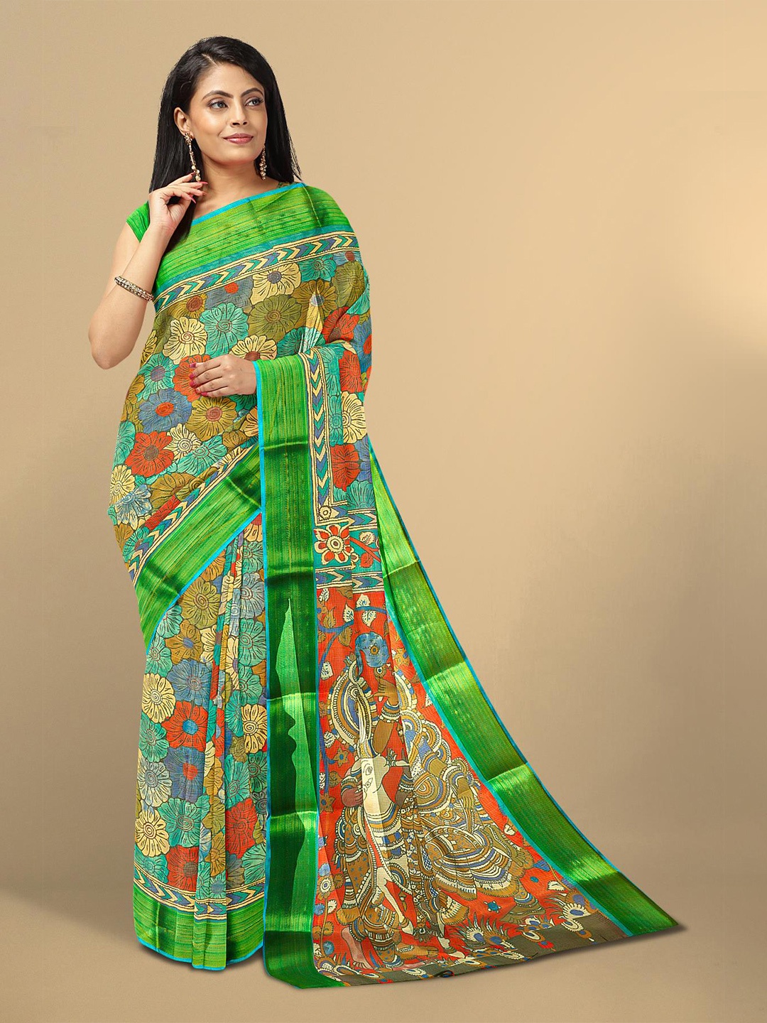 

Kalamandir Sea Green & Red Floral Printed Tissue Saree
