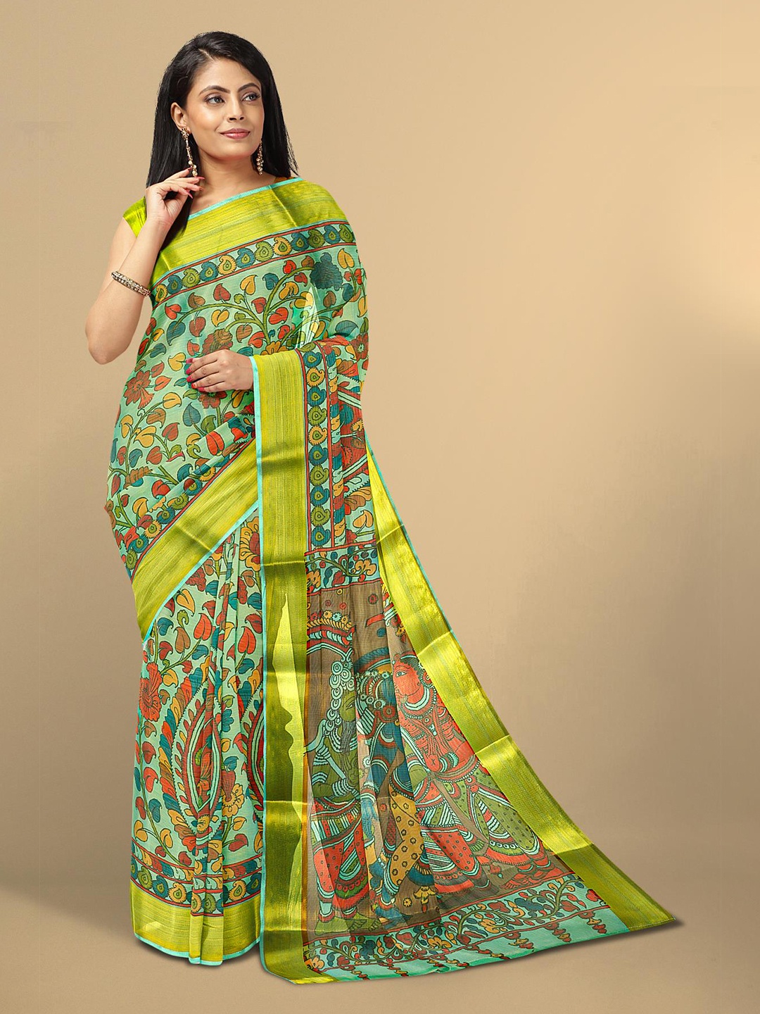 

Kalamandir Sea Green & Red Ethnic Motifs Tissue Saree