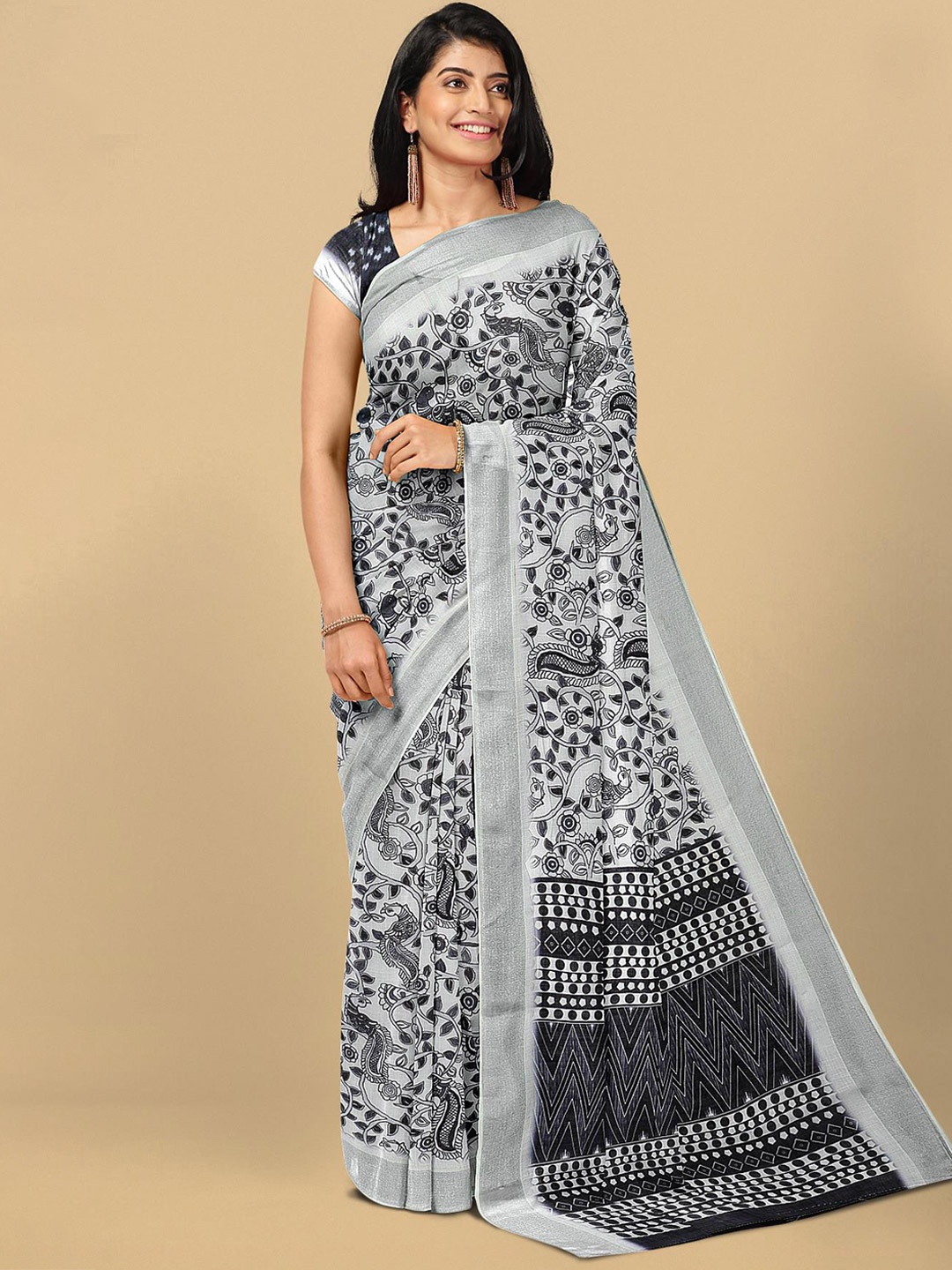 

Kalamandir White & Black Floral Printed Linen Blend Saree