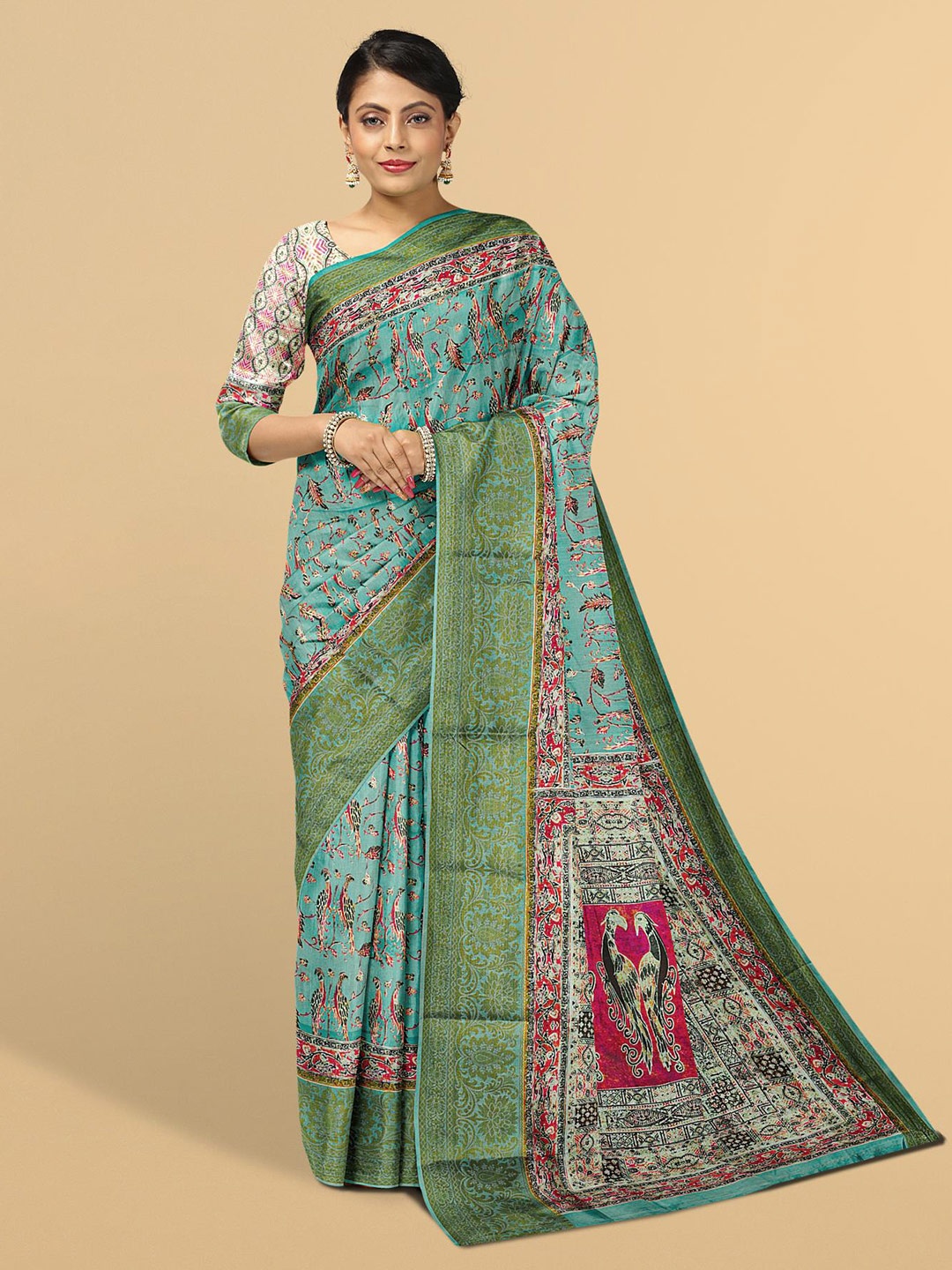 

Kalamandir Teal Blue & Pink Ethnic Motifs Silk Blend Saree