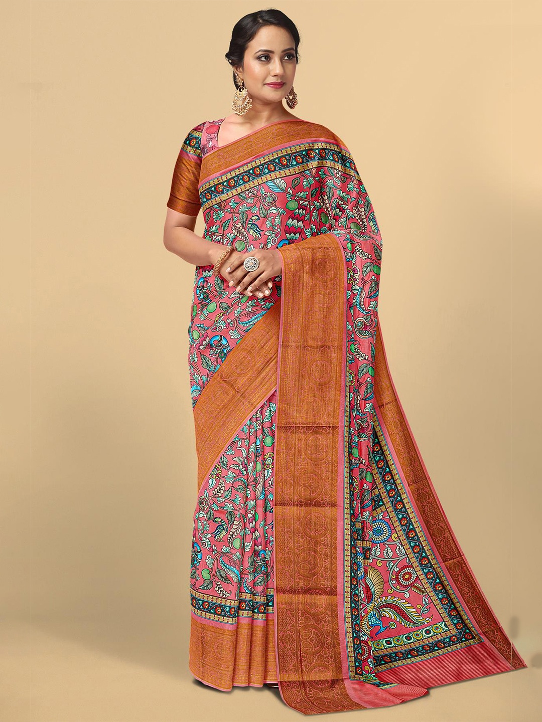 

Kalamandir Coral Red & Green Ethnic Motifs Silk Blend Saree