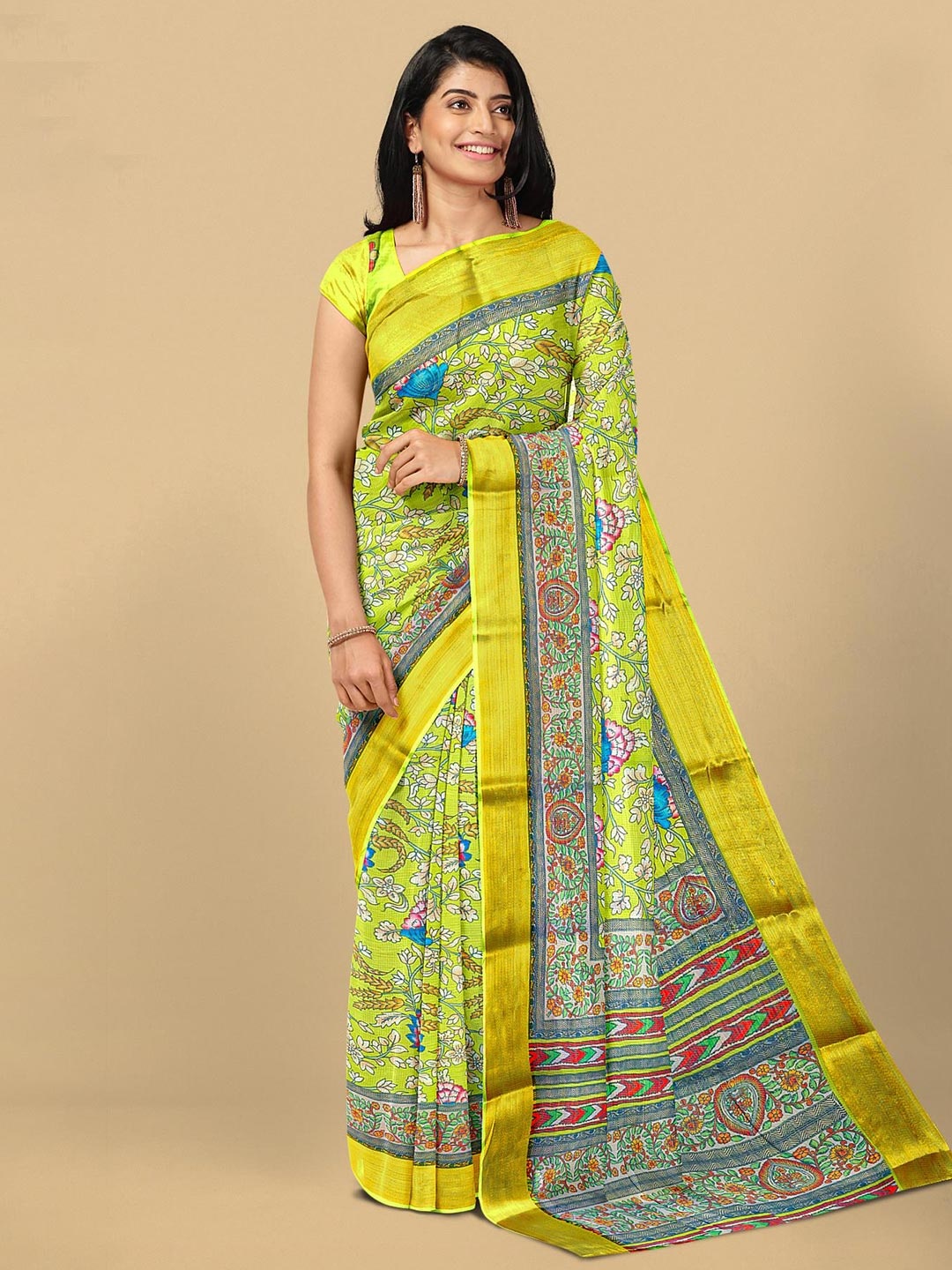 

Kalamandir Olive Green & Yellow Floral Tissue Silk Saree