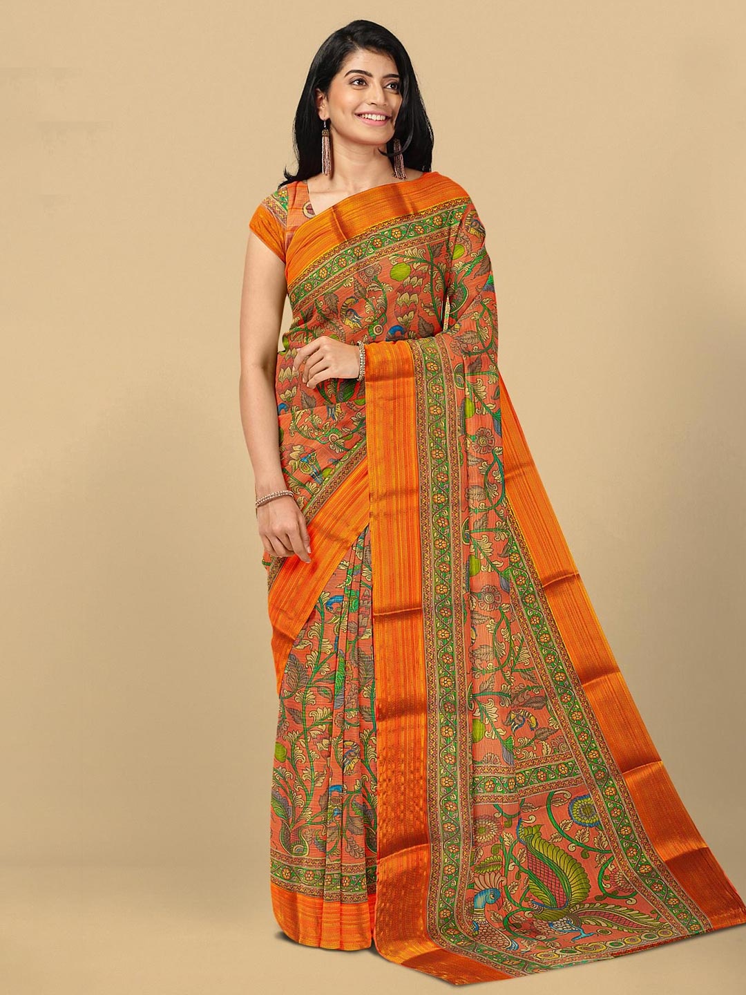 

Kalamandir Orange & Green Ethnic Motifs Tissue Saree