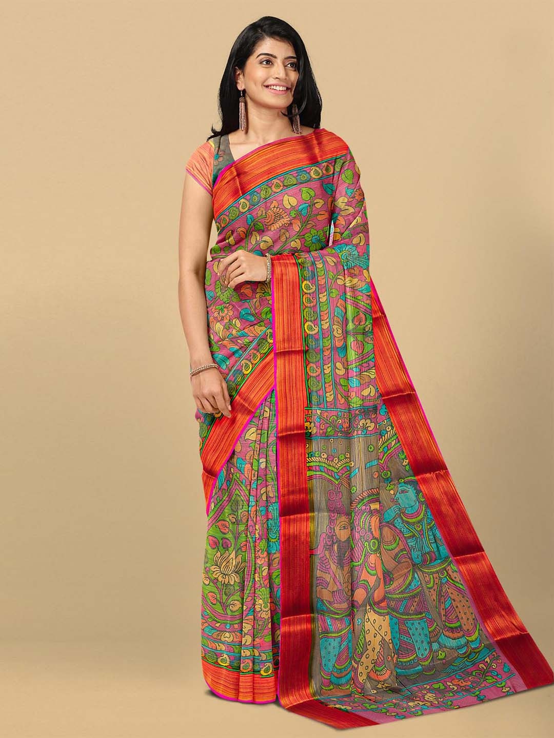 

Kalamandir Pink & Blue Floral Kalamkari Tissue Silk Saree