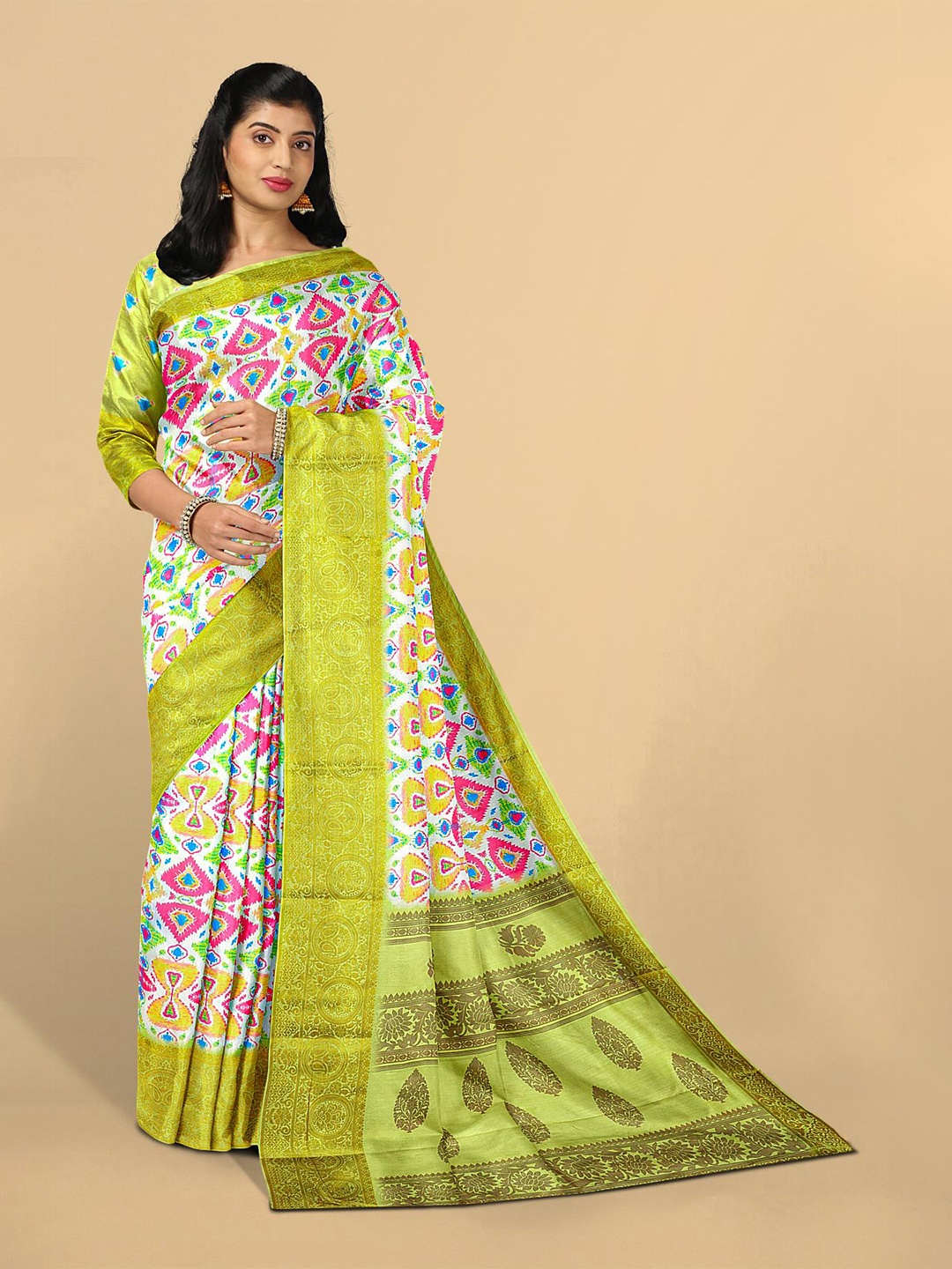 

Kalamandir White & Green Floral Silk Blend Saree