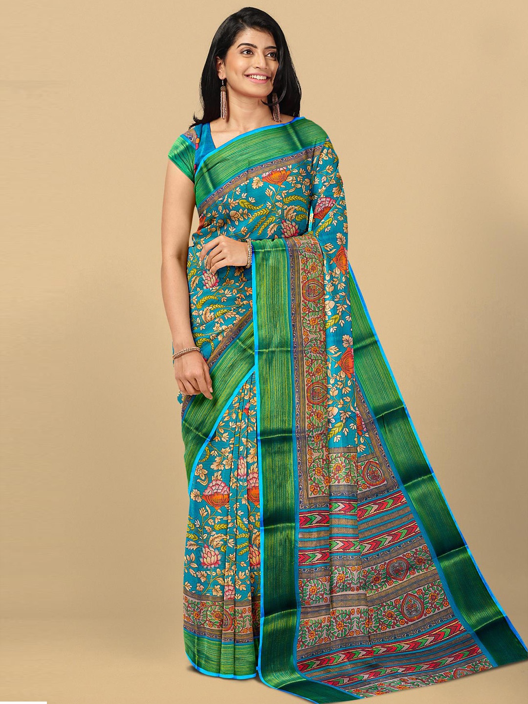 

Kalamandir Blue & Rose Gold Floral Tissue Saree, Green