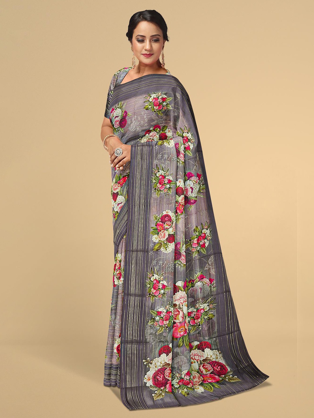 

Kalamandir Brown & Grey Floral Silk Blend Saree