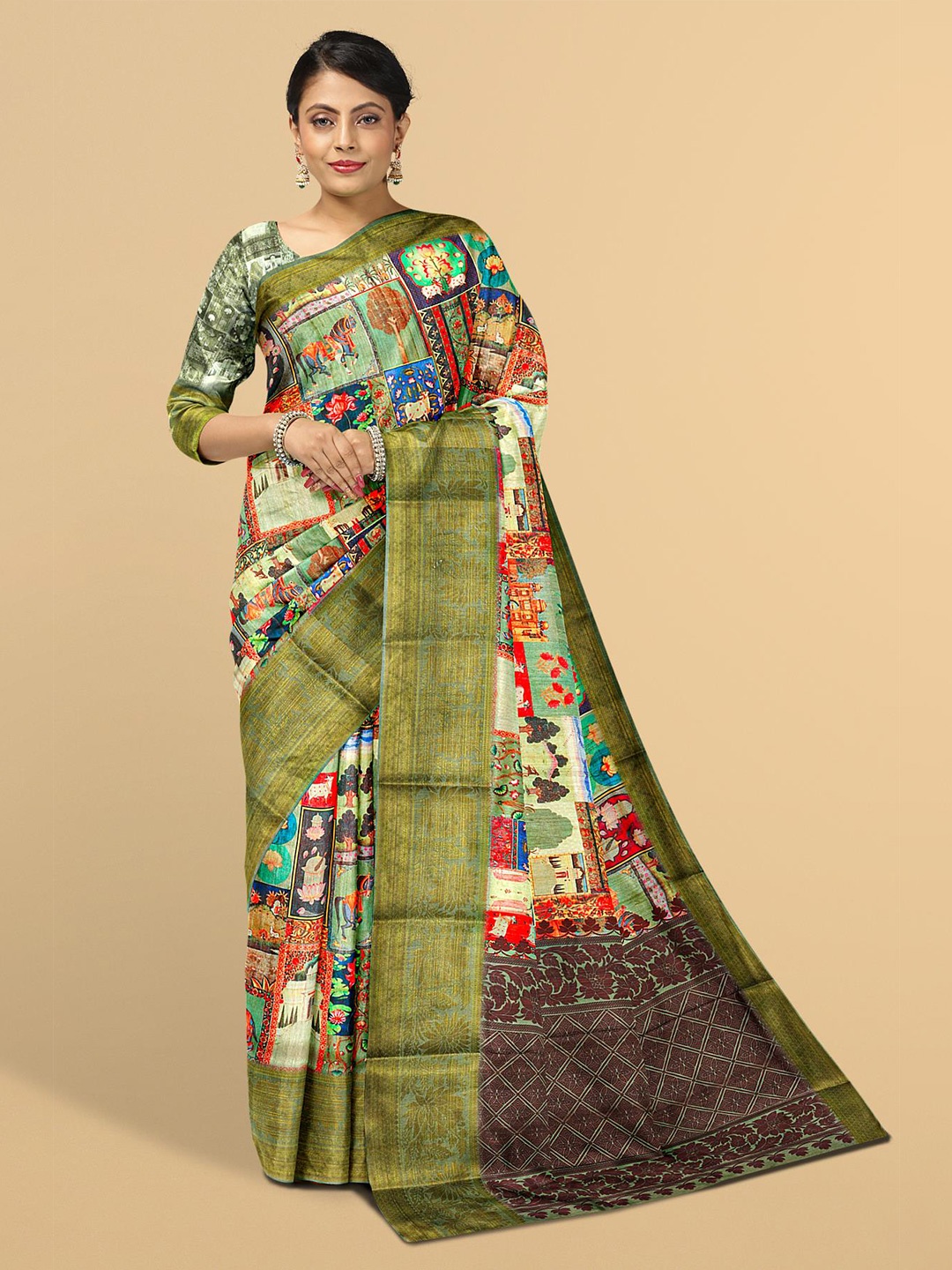 

Kalamandir Green & Red Floral Silk Blend Saree