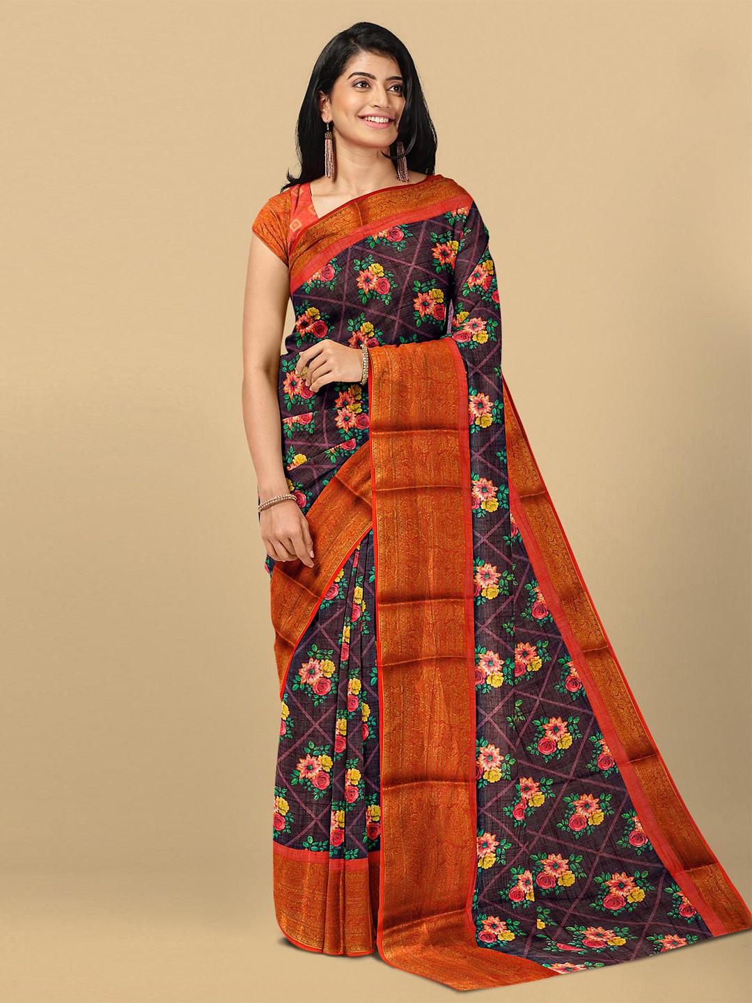 

Kalamandir Maroon & Green Floral Zari Linen Blend Saree