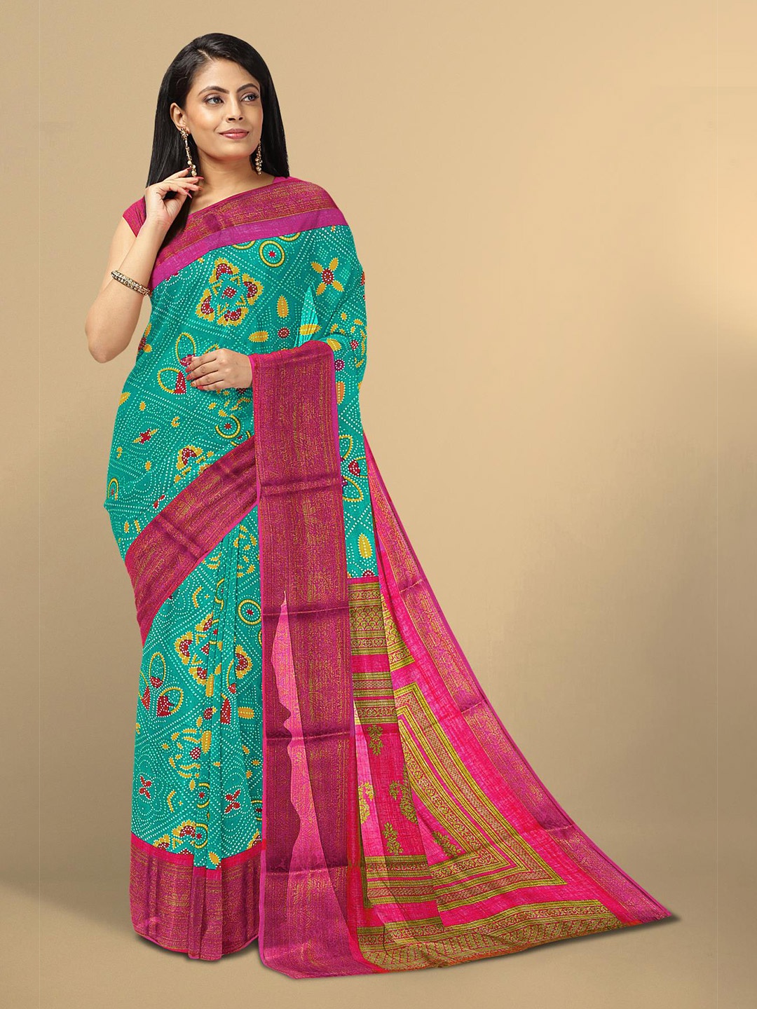 

Kalamandir Teal Blue & Pink Ethnic Motifs Linen Blend Saree