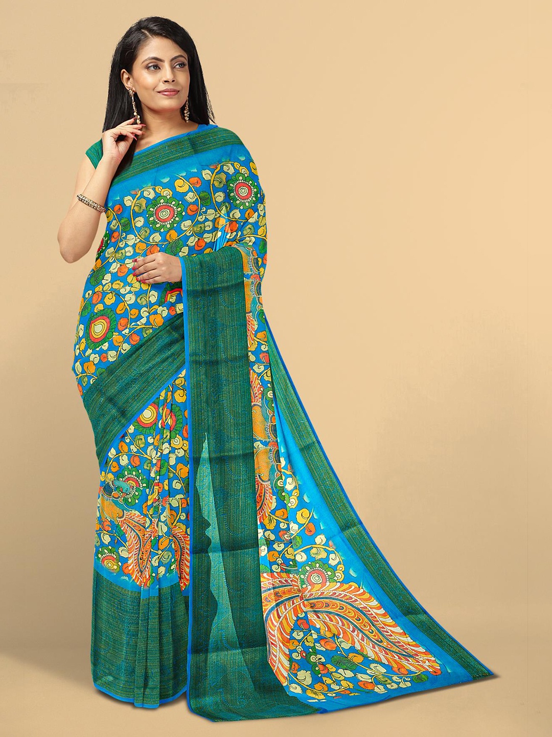 

Kalamandir Blue & Green Kalamkari Linen Blend Saree