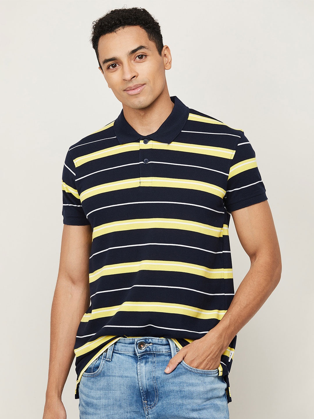 

Fame Forever by Lifestyle Men Navy Blue & Yellow Striped Polo Collar T-shirt