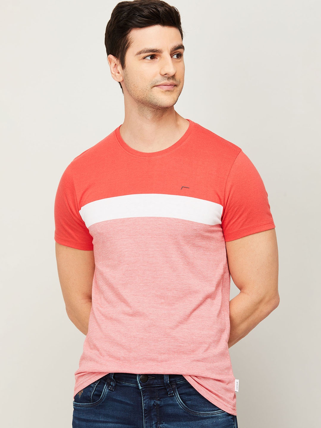 

Fame Forever by Lifestyle Men Coral & White Colourblocked T-shirt