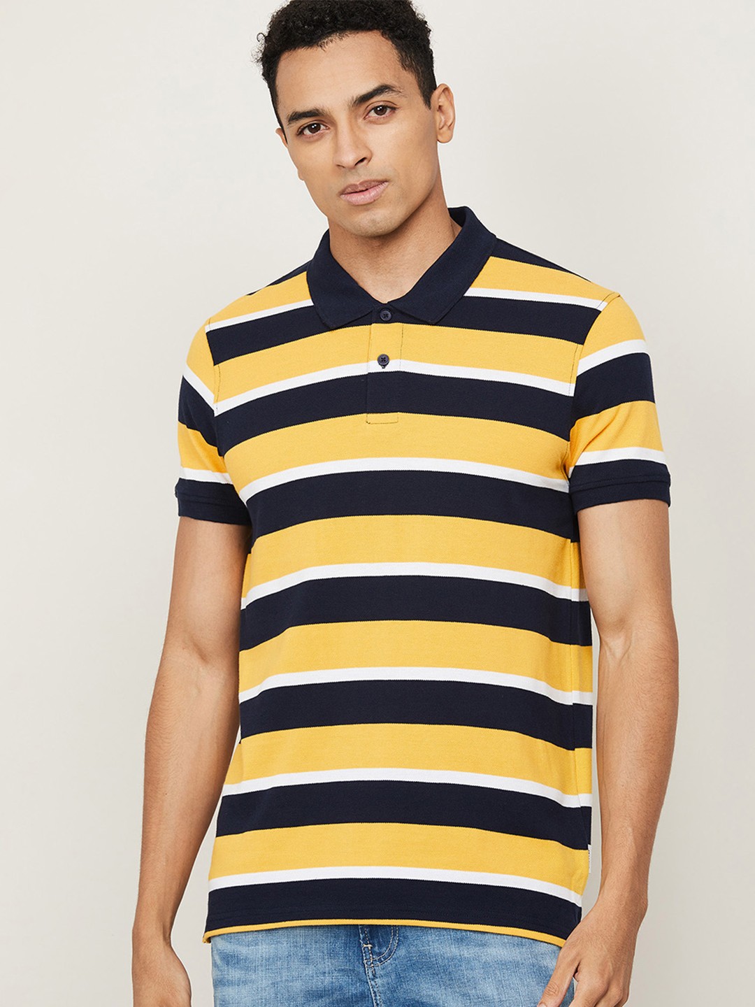

Fame Forever by Lifestyle Men Yellow & Navy Blue Striped Cotton Polo Collar T-shirt