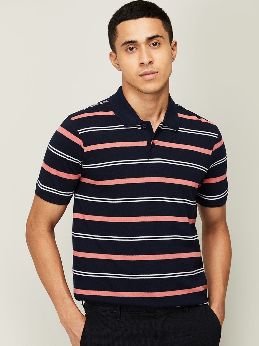 

Fame Forever by Lifestyle Men Navy Blue & Coral Striped Cotton Polo Collar T-shirt