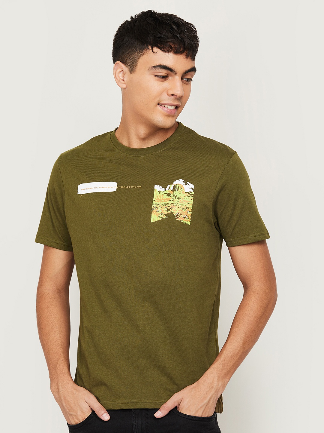 

Fame Forever by Lifestyle Men Olive Green Printed Cotton T-shirt