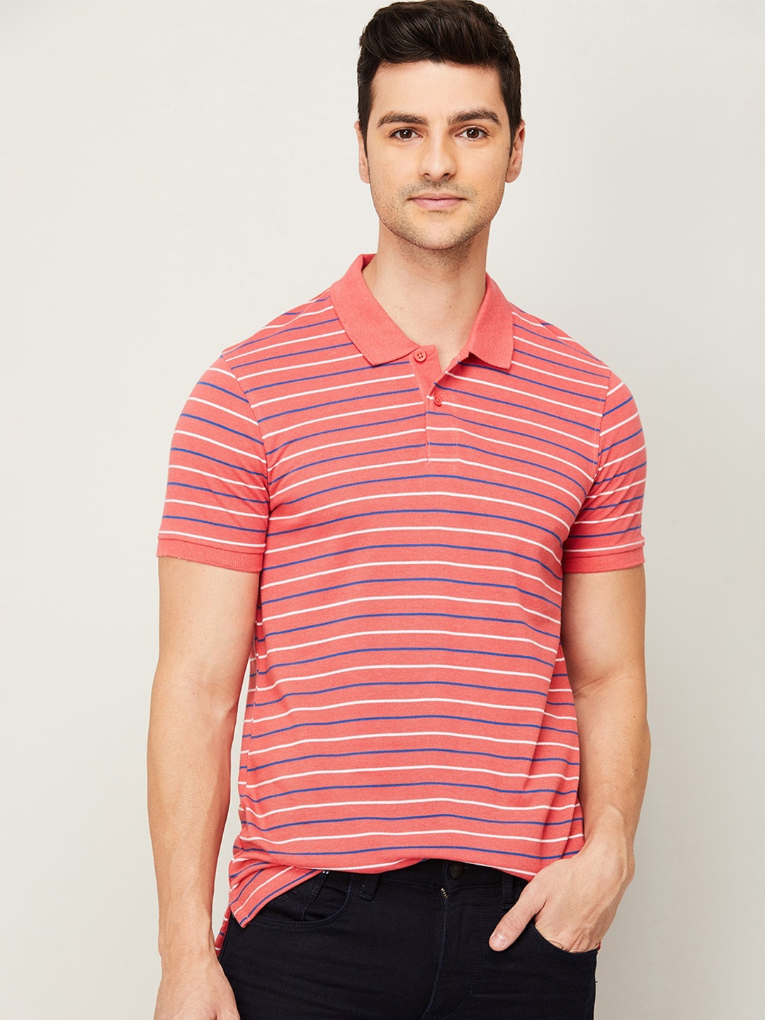 

Fame Forever by Lifestyle Men Red & White Striped Cotton Polo Collar T-shirt