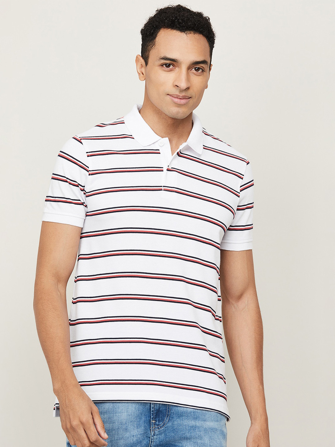 

Fame Forever by Lifestyle Men White & Black Striped Polo Collar T-shirt