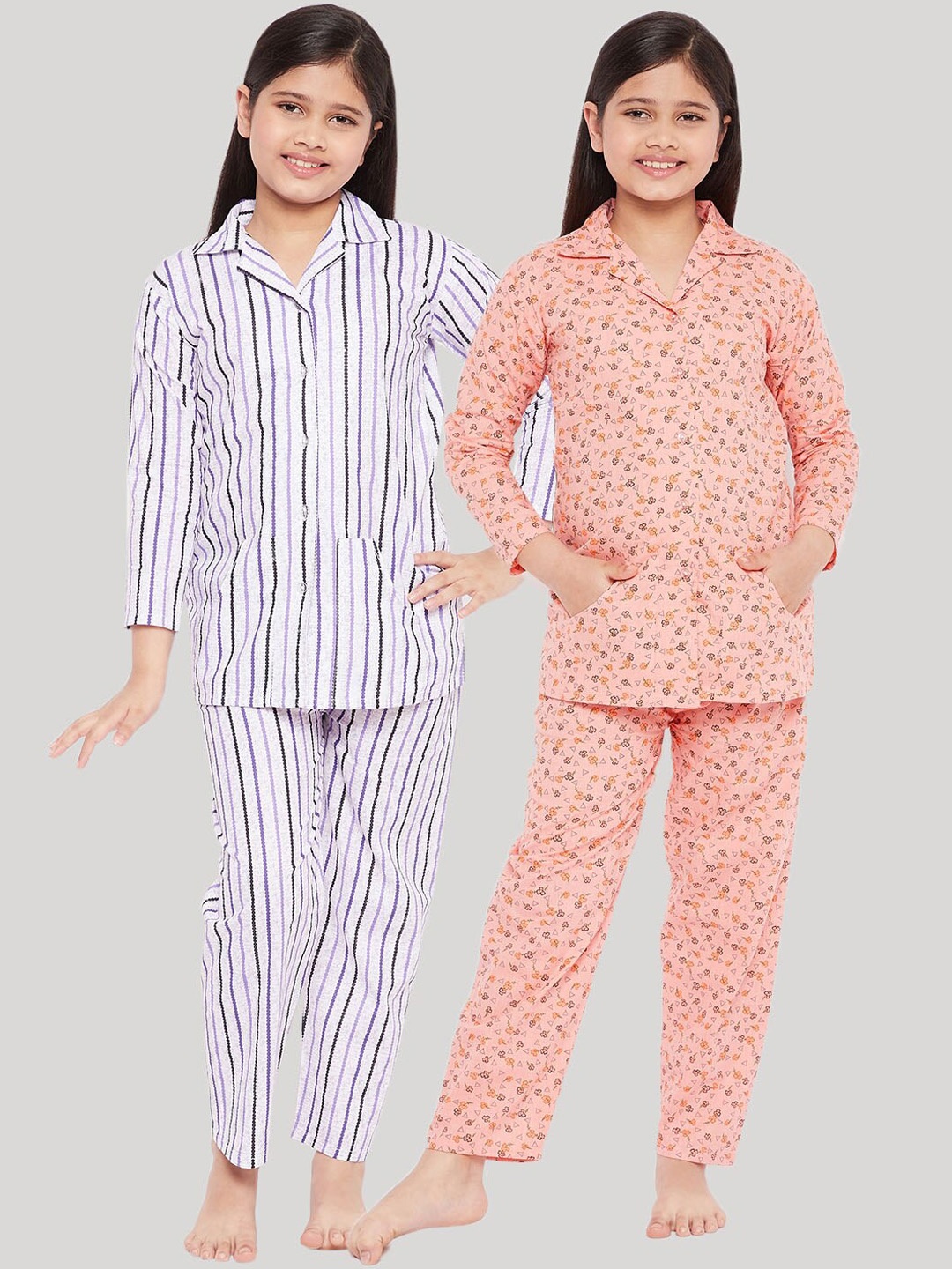 

KYDZI Girls Pack of 2 Peach-Coloured & Purple Striped Night suit