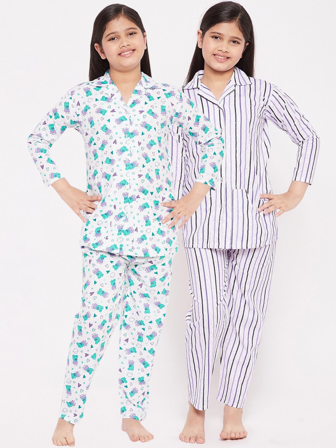 

KYDZI Girls Blue & White Set Of 2 Printed Cotton Night Suit