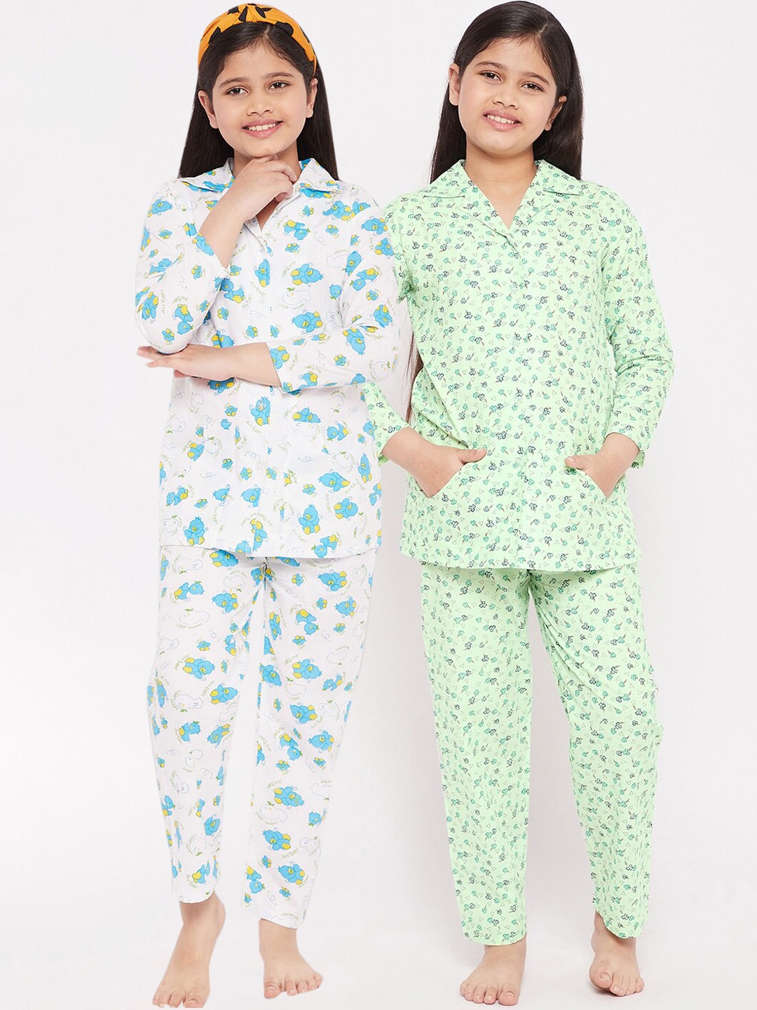 

KYDZI Girls Pack of 2 White & Green Pure Cotton Night Suits