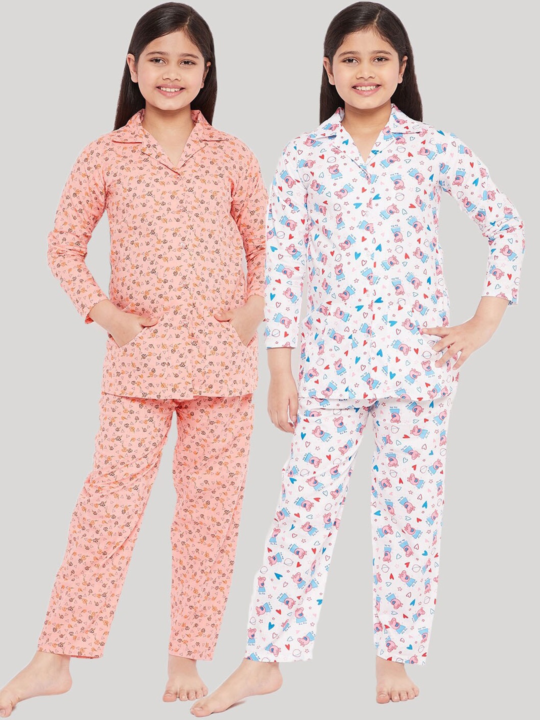 

KYDZI Girls Pack of 2 Peach-Coloured & White Printed Pure Cotton Night suit