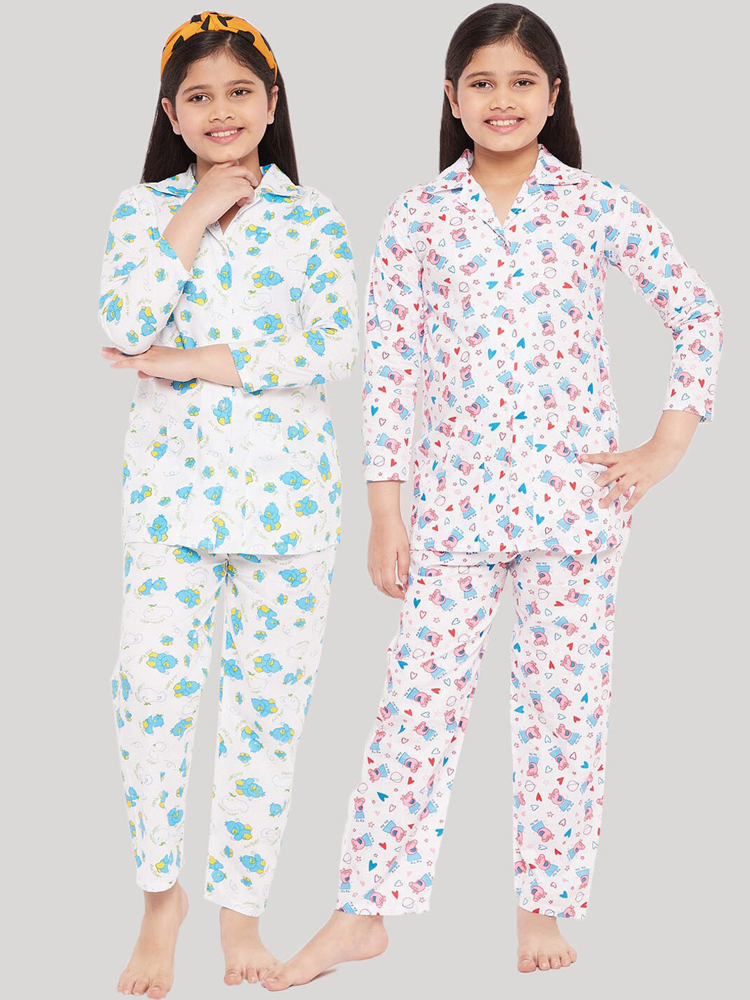 

KYDZI Girls Set Of 2 Blue & Green Printed Pure Cotton Night suit