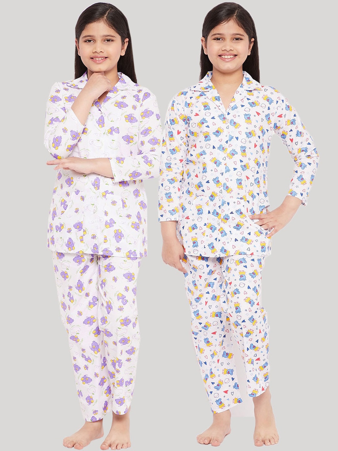 

KYDZI Girls White & Yellow Printed Cotton Night suit