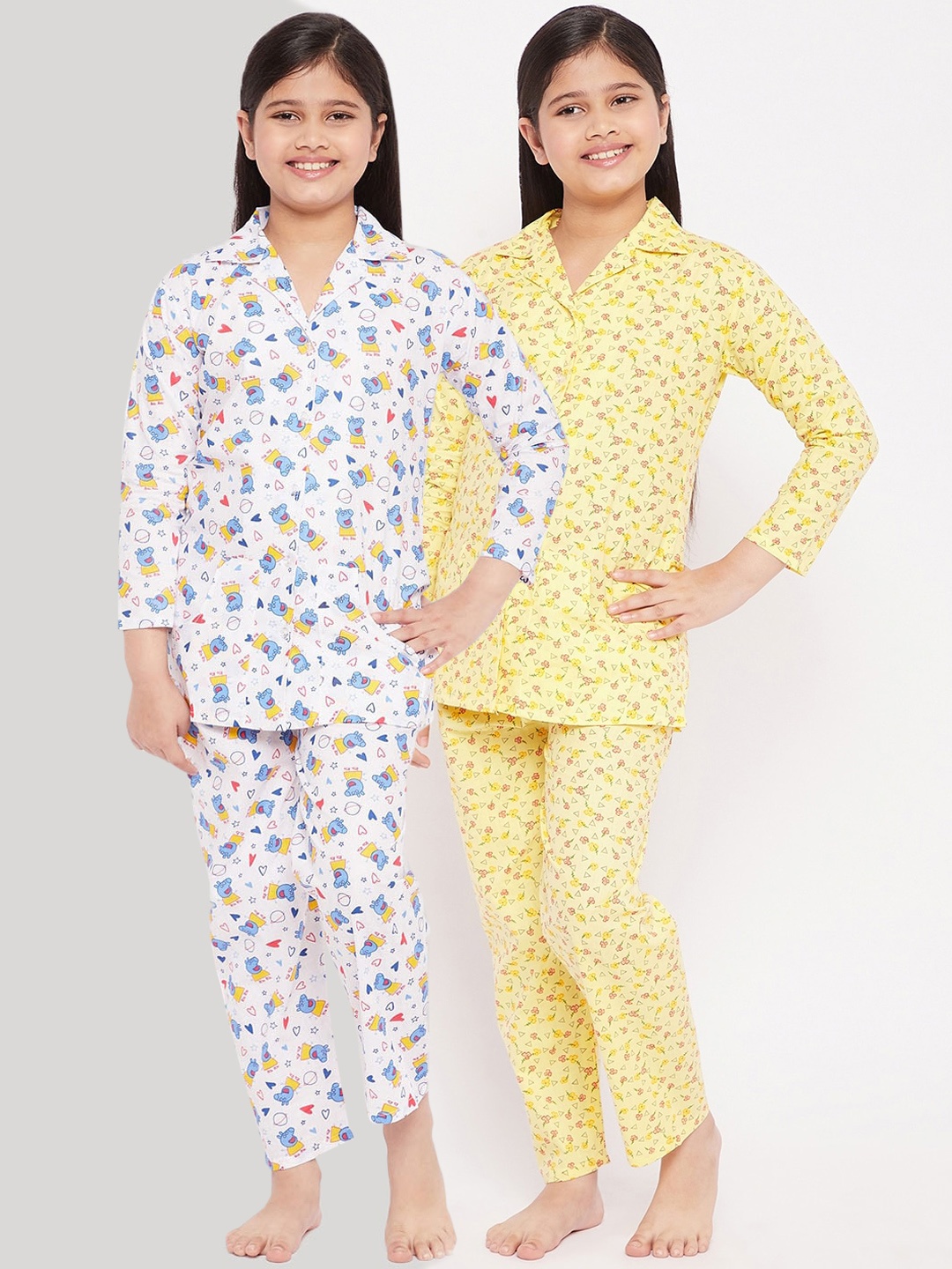 

KYDZI Girls Pack of 2 White & Yellow Printed Cotton Night suits
