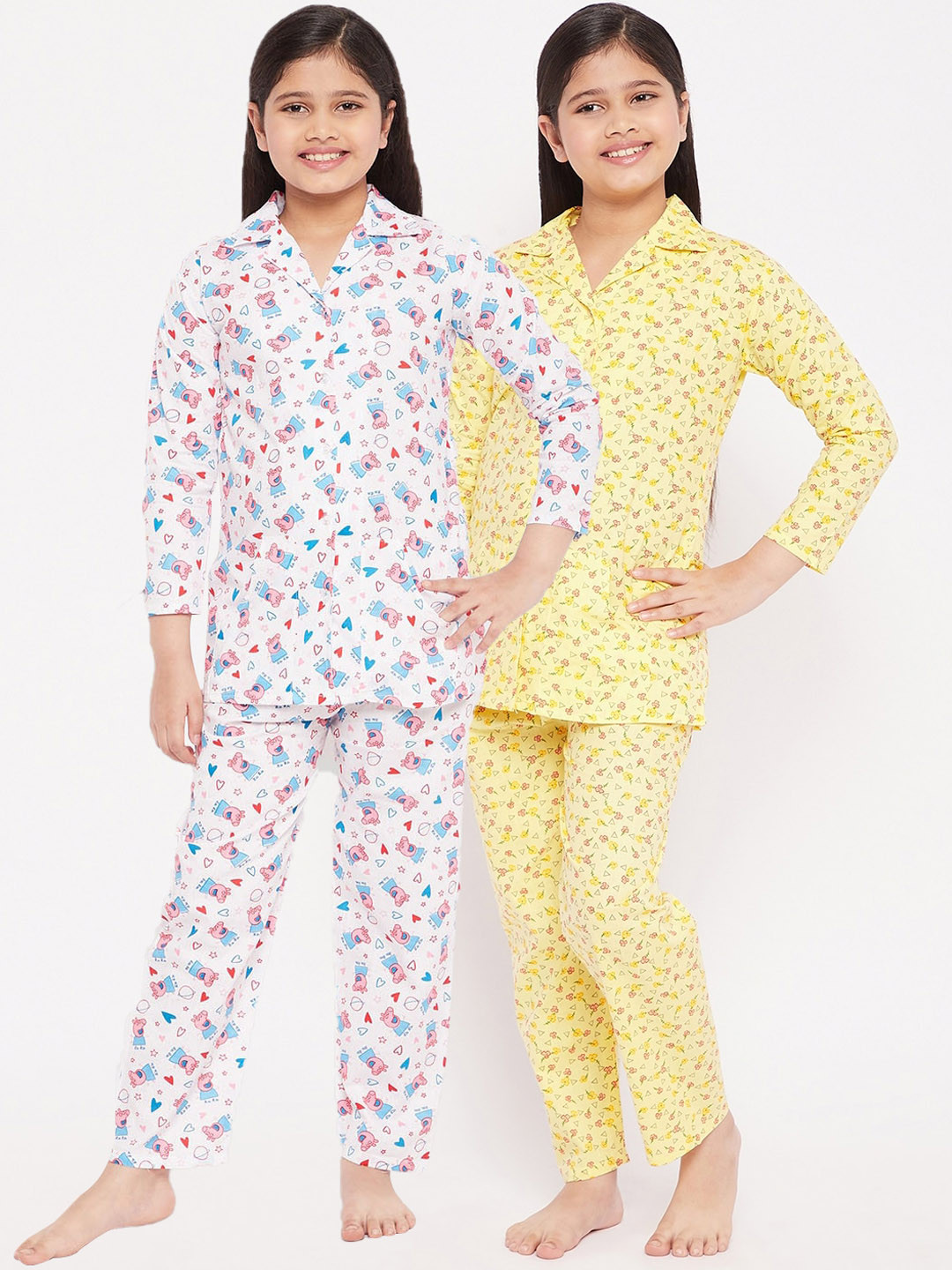 

KYDZI Girls Pack of 2 Yellow & White Printed Cotton Night suit