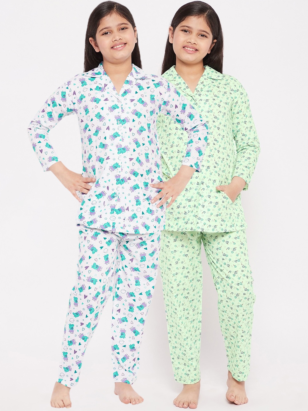 

KYDZI Girls Set Of 2 Green & White Printed Pure Cotton Night suit