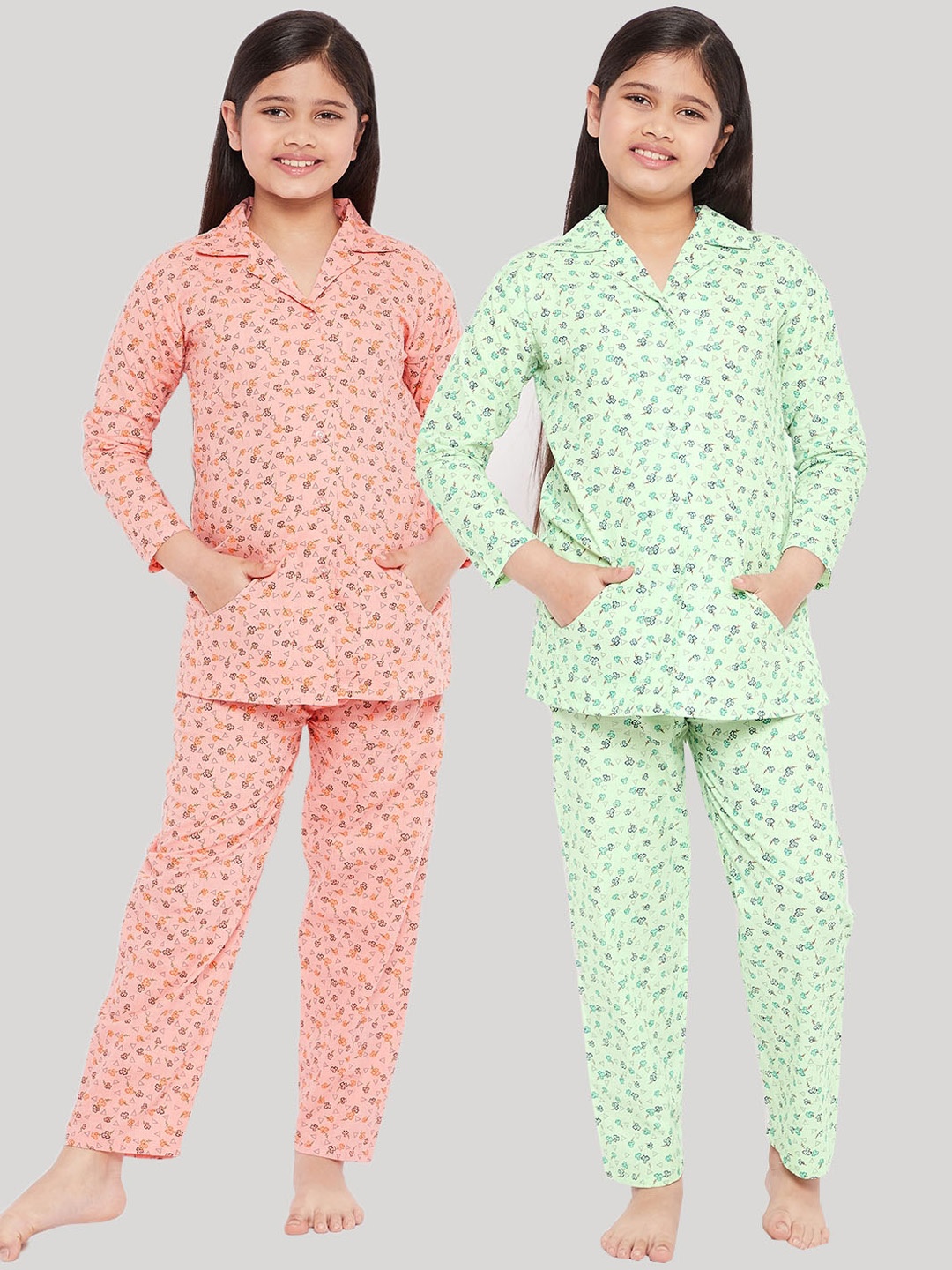 

KYDZI Girls Pack of 2 Green & Peach-Coloured Printed Cotton Night suits