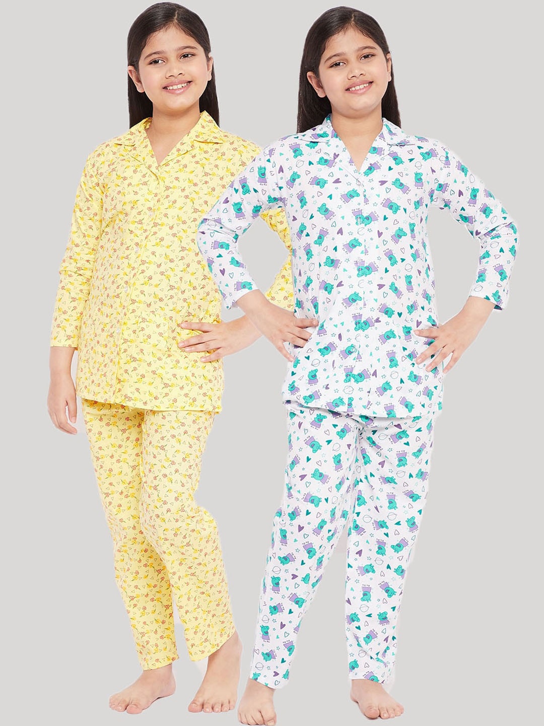 

KYDZI Girls Yellow & Green Set Of 2 Printed Cotton Night Suit