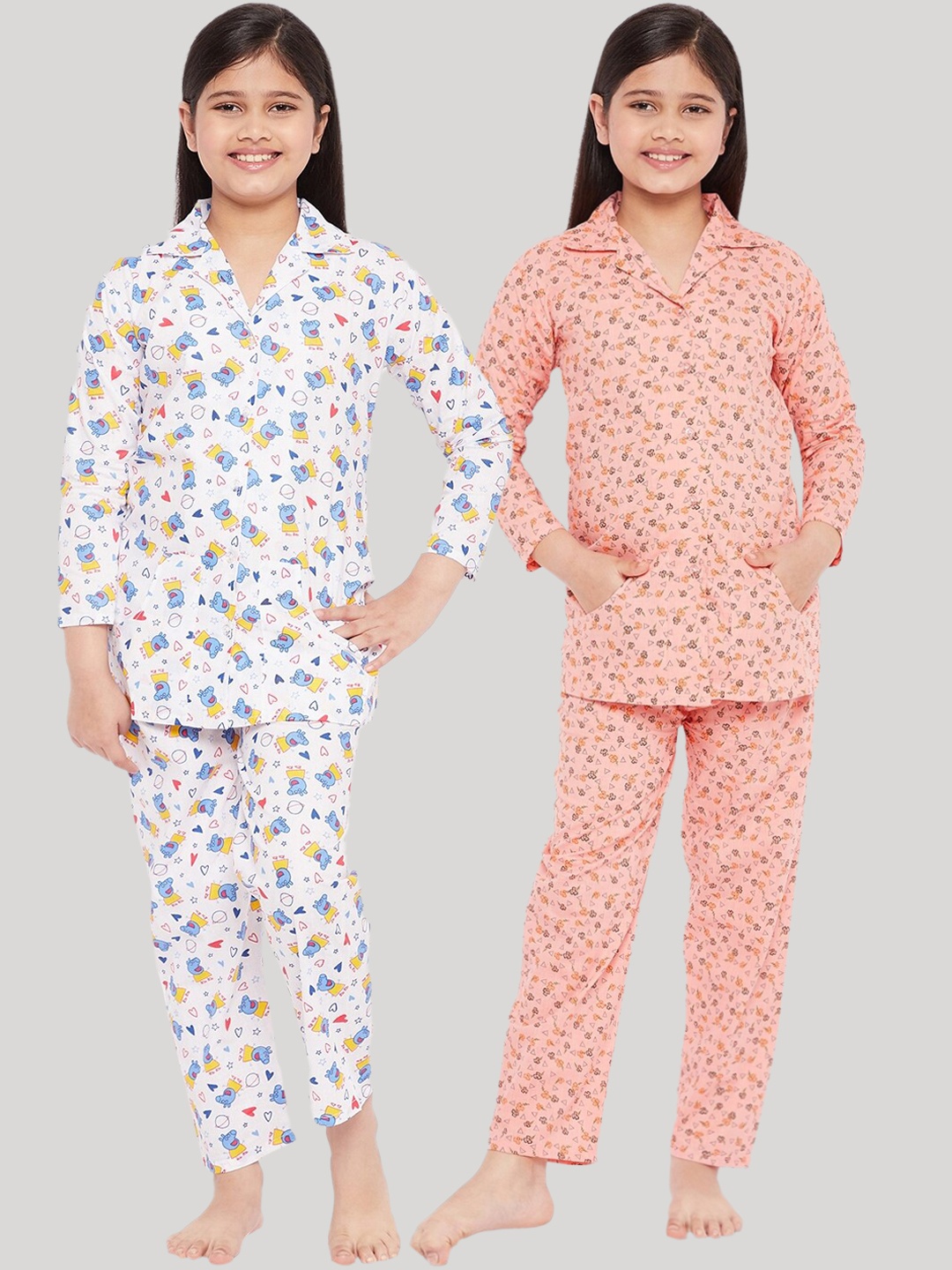 

KYDZI Girls Pack of 2 White & Peach-Coloured Printed Cotton Night suits